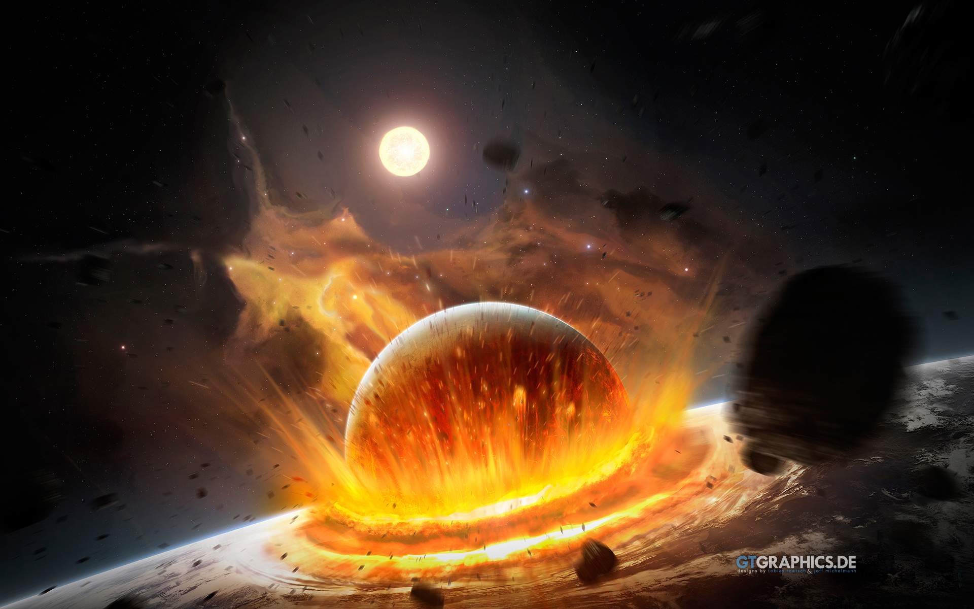 587025 завантажити картинку наукова фантастика, зіткнення, астероїд, вибух, місяць, планета - шпалери і заставки безкоштовно