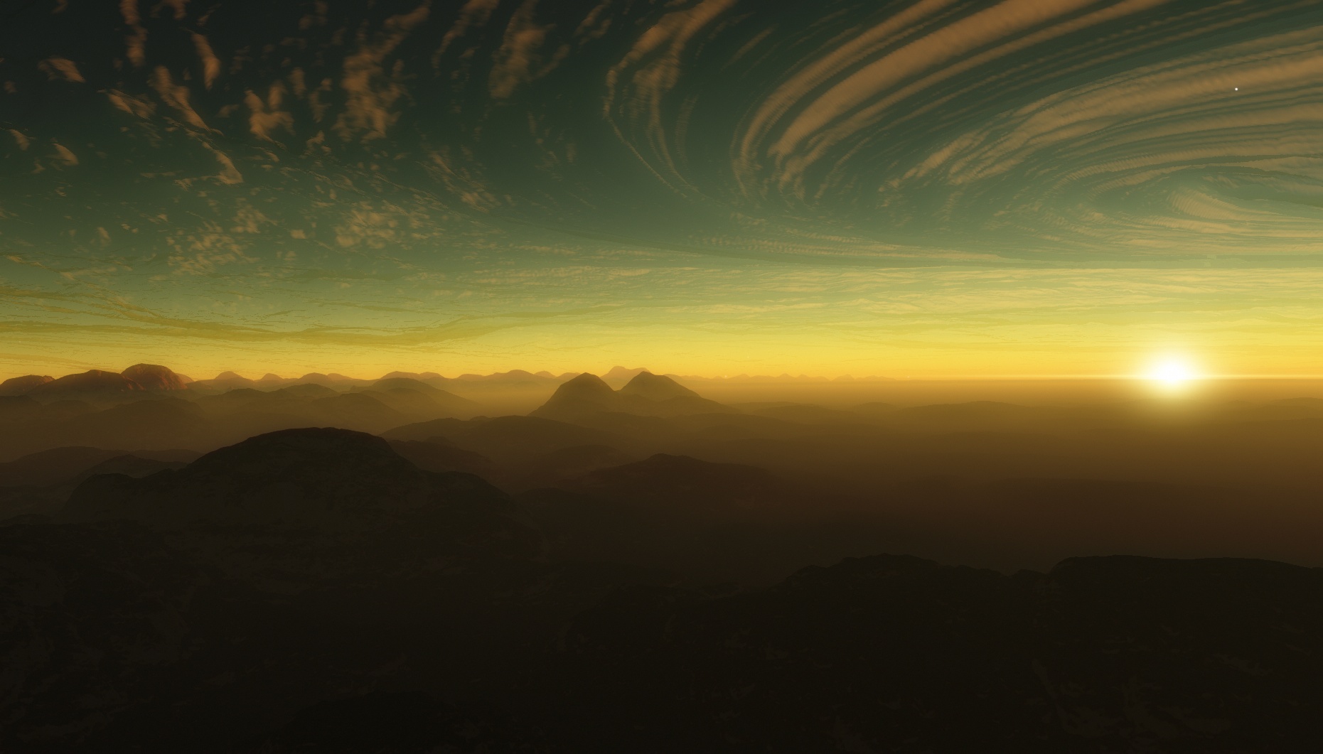 video game, space engine, mountain, planet, sky, star, sunrise