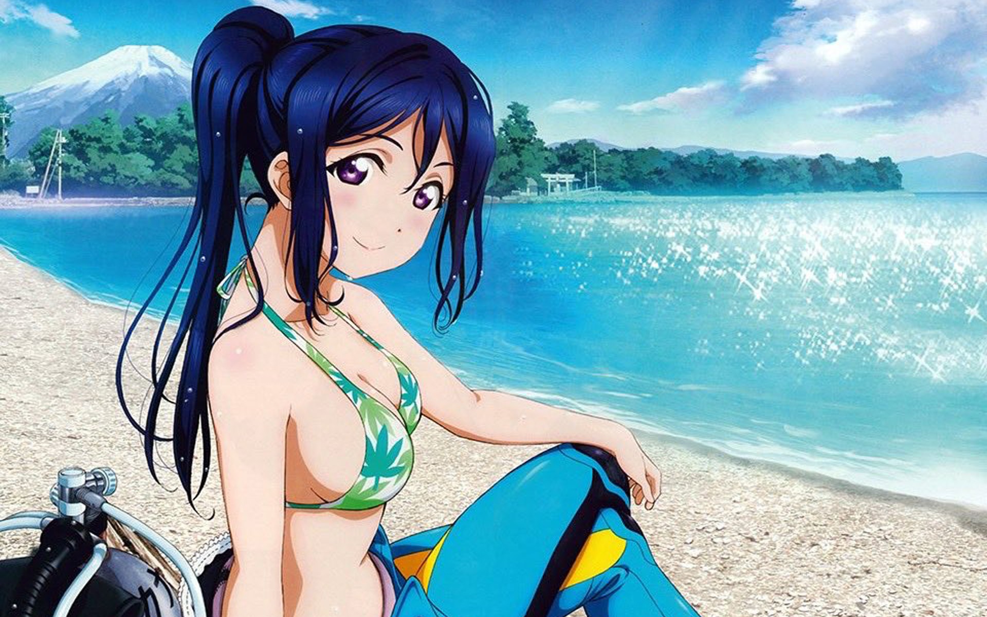 Download mobile wallpaper Anime, Water, Beach, Sand, Mountain, Blue Hair, Bikini, Love Live! Sunshine!!, Kanan Matsuura for free.