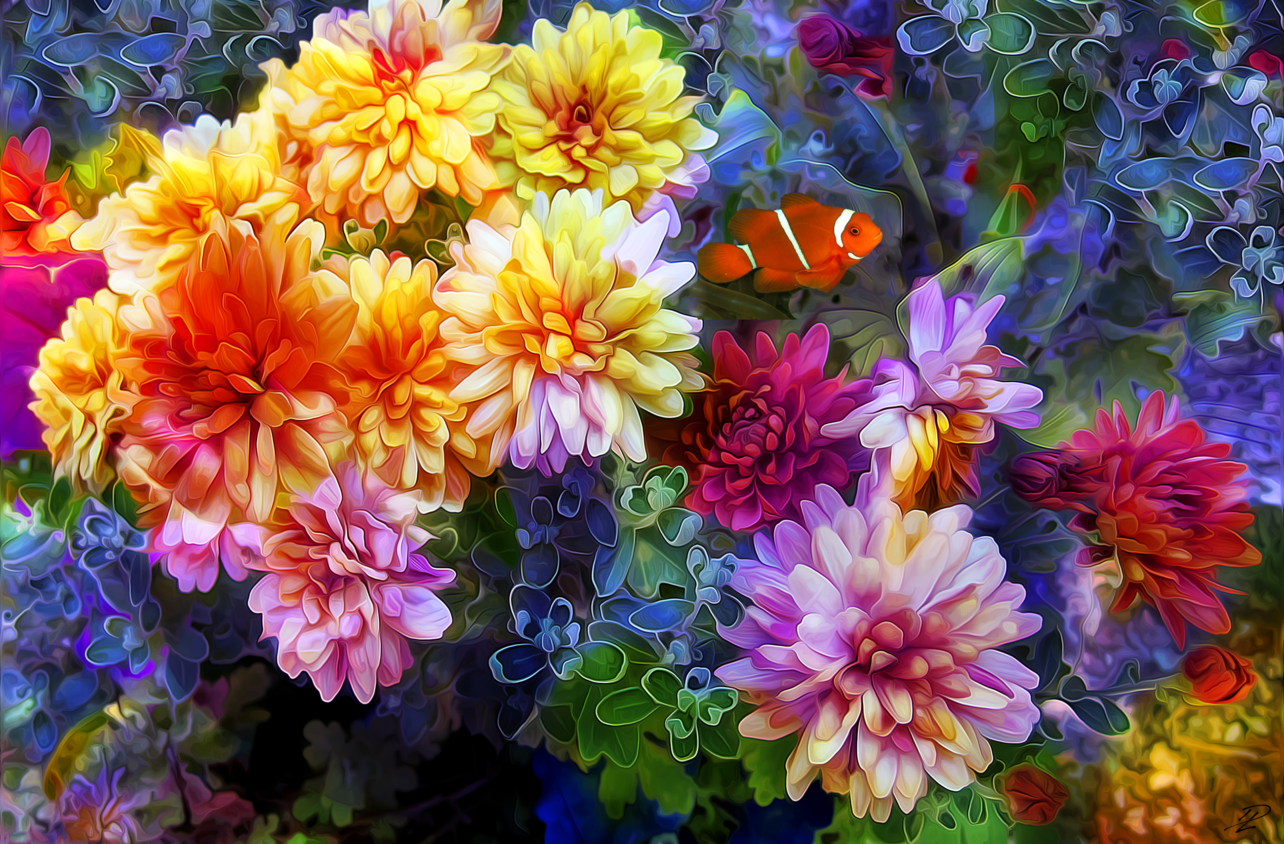 Free download wallpaper Flower, Colors, Colorful, Painting, Artistic, Clownfish on your PC desktop