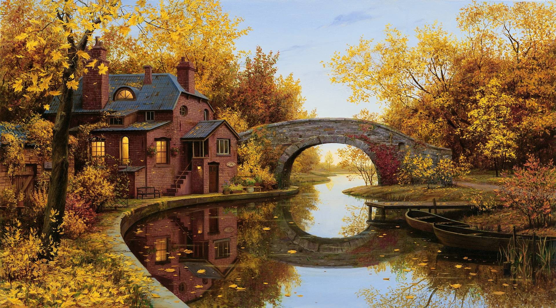 Download mobile wallpaper Fall, House, Bridge, Boat, River, Man Made for free.
