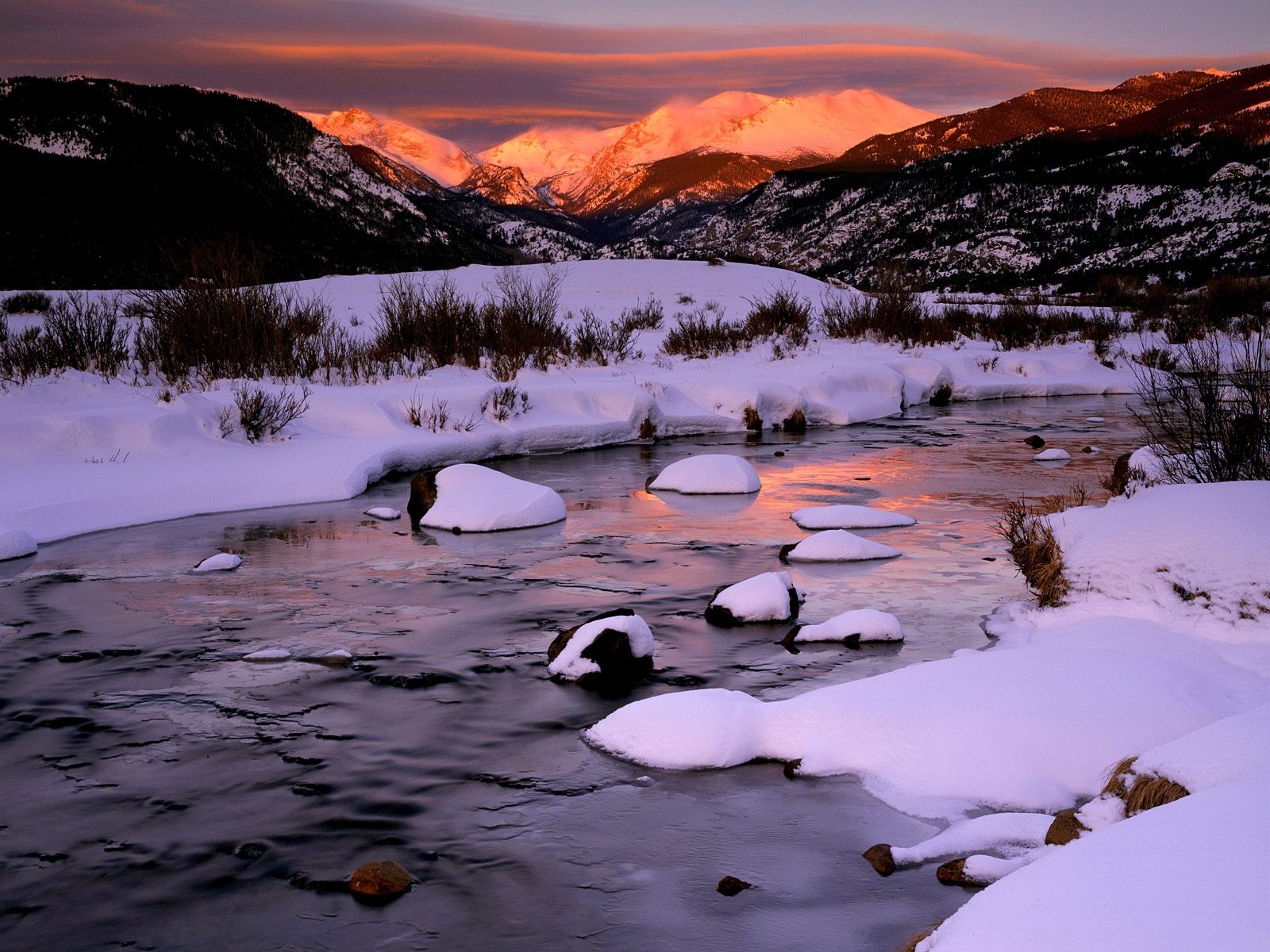 PCデスクトップに風景, 冬, 川, 山脈画像を無料でダウンロード