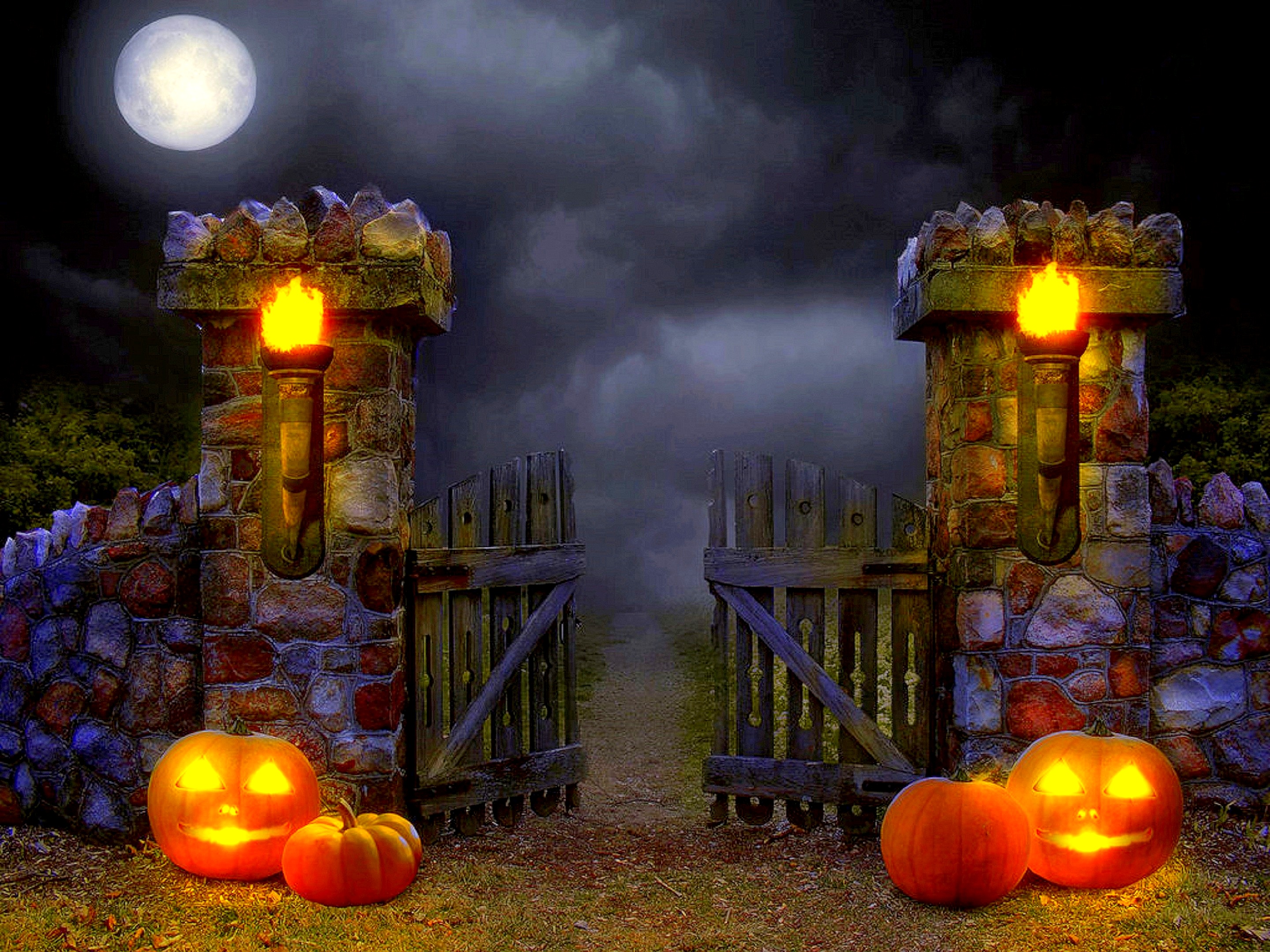 1501089 скачать обои праздничные, хэллоуин, туман, ворота, праздничный день, тыква, камень, факел - заставки и картинки бесплатно
