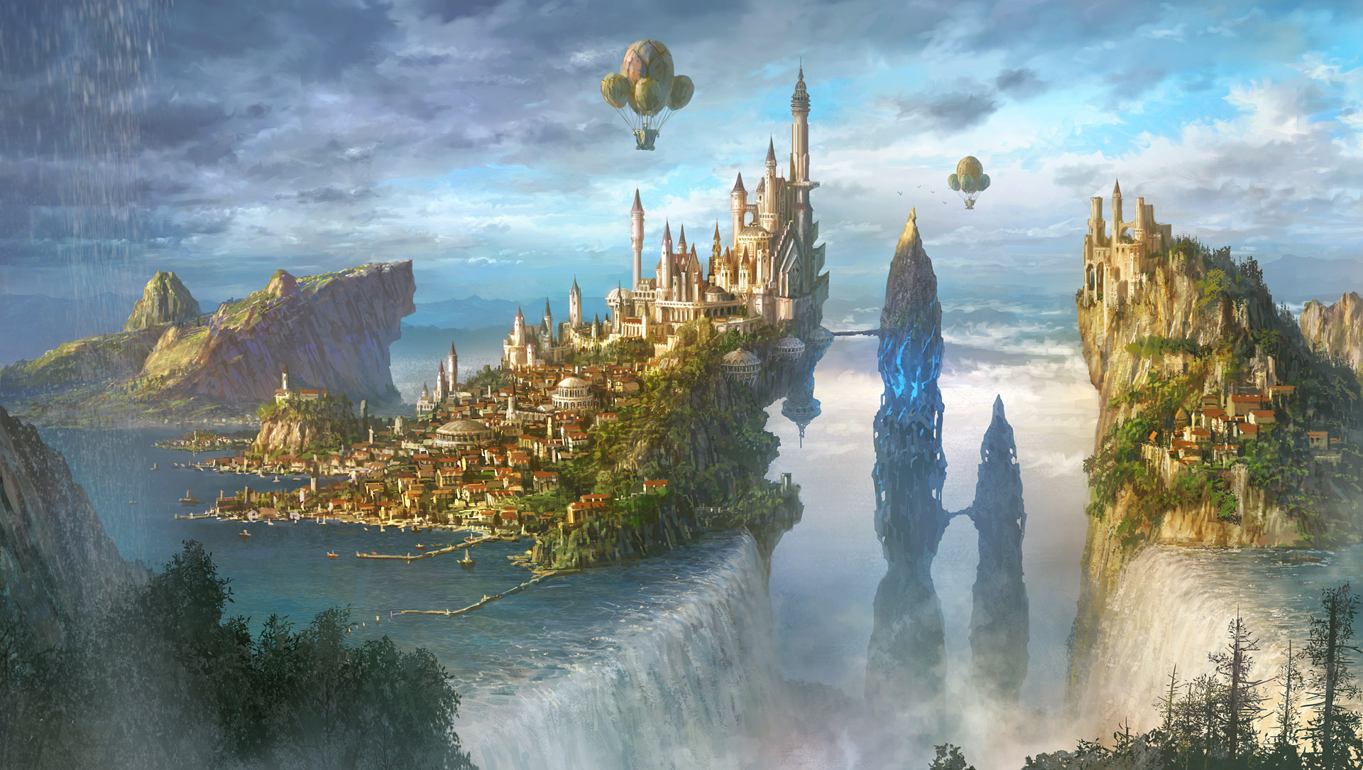 Free download wallpaper Fantasy, City, Waterfall, Castle, Hot Air Balloon on your PC desktop