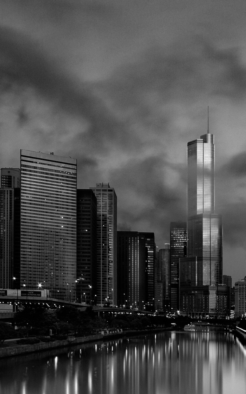 Download mobile wallpaper Cities, Usa, City, Skyscraper, Building, Chicago, River, Man Made, Black & White for free.