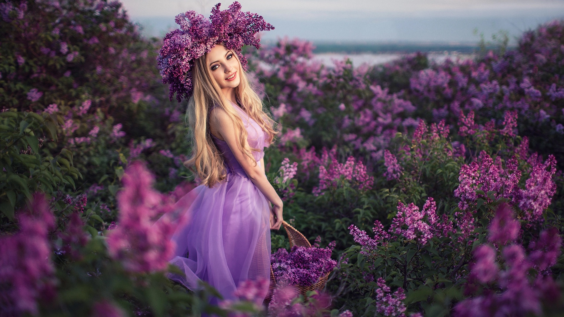 Download mobile wallpaper Lilac, Blonde, Wreath, Model, Women, Purple Flower for free.