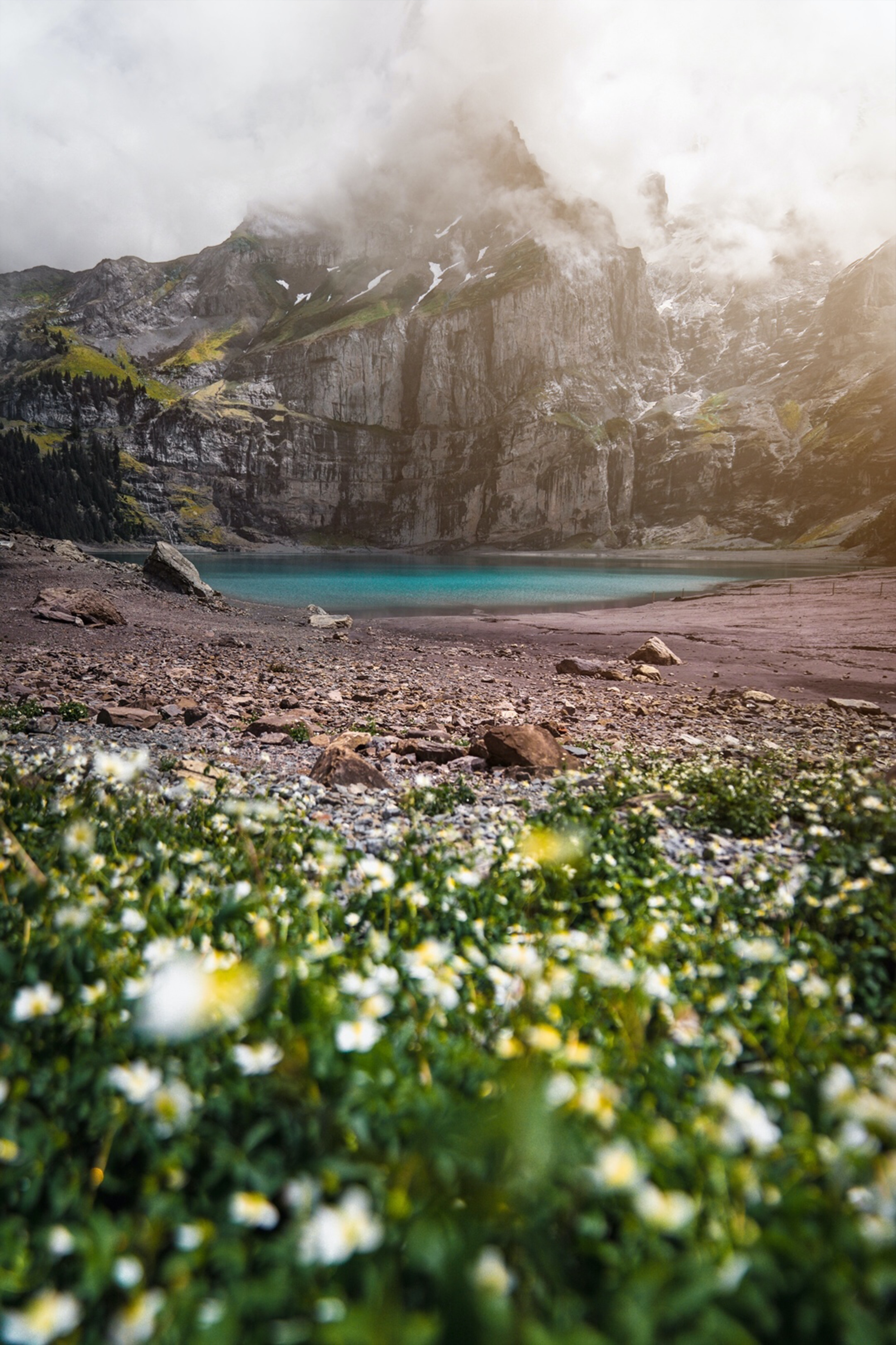 Free download wallpaper Nature, Flowers, Mountains, Rocks, Lake, Fog on your PC desktop