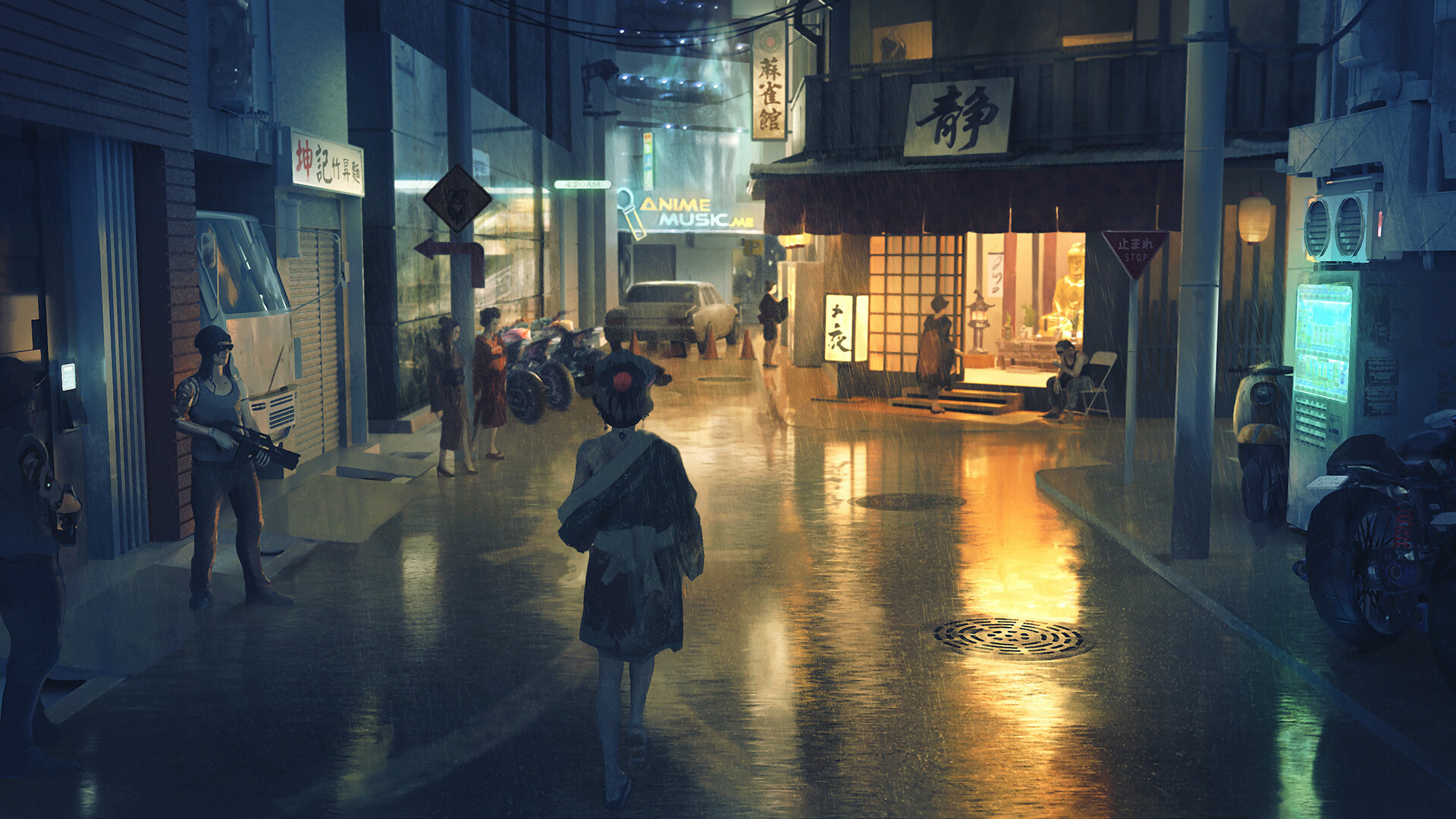 Free download wallpaper Anime, Night, Street, Kimono on your PC desktop