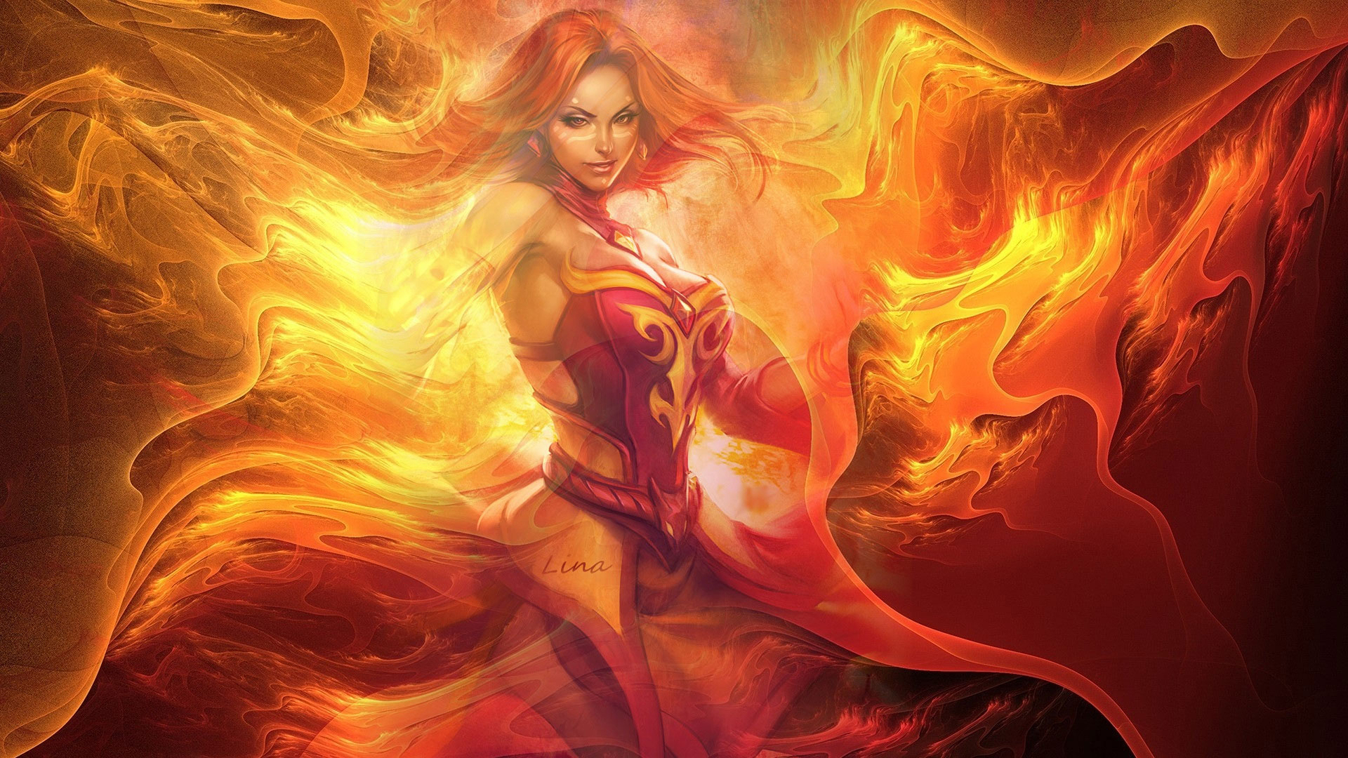 video game, dota 2, fantasy, fire, flame, goddess, lina (dota 2), orange (color), red hair, yellow, dota