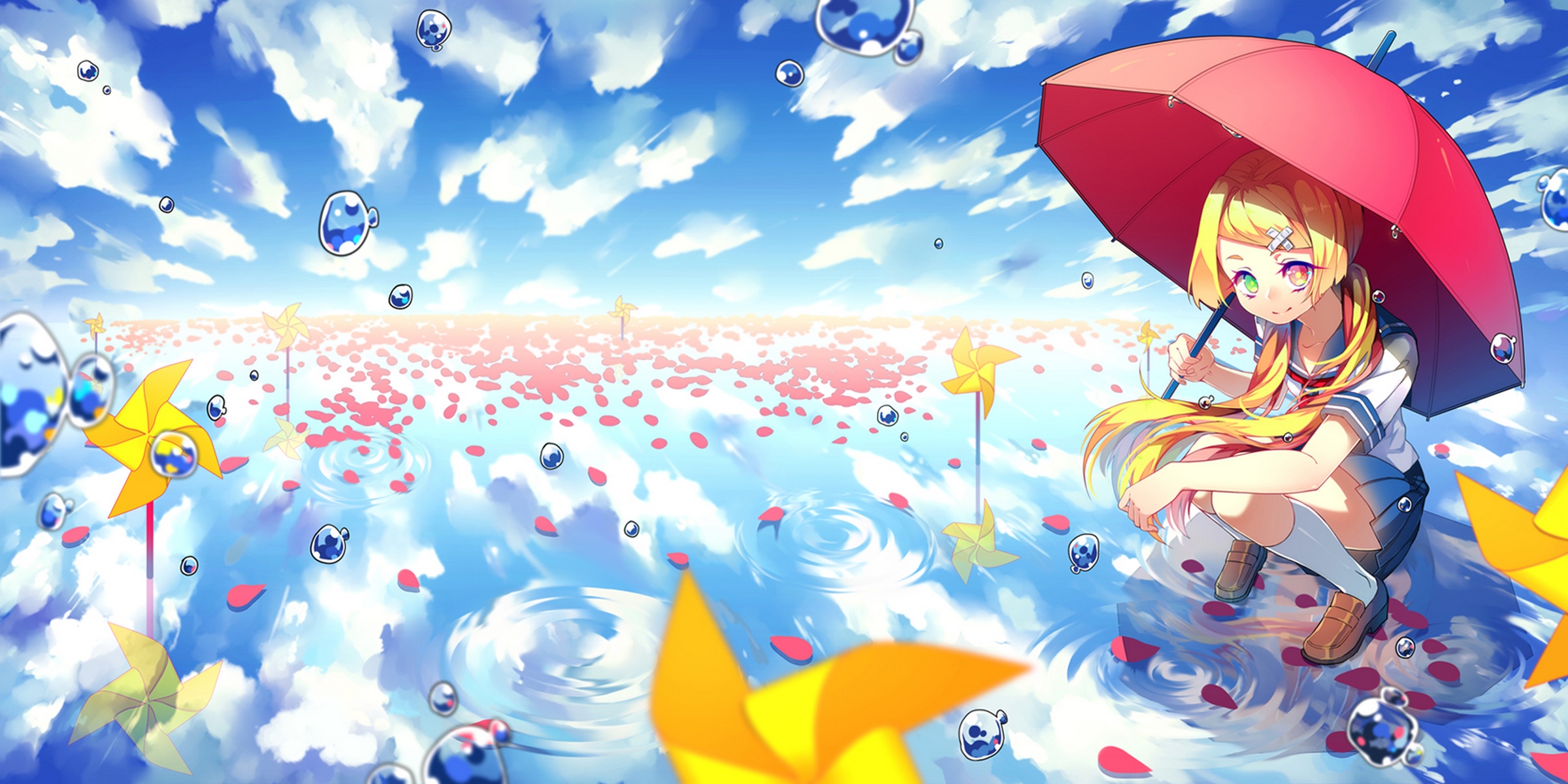 Free download wallpaper Anime, Water, Umbrella, Cloud, Blonde, Heterochromia, Original on your PC desktop