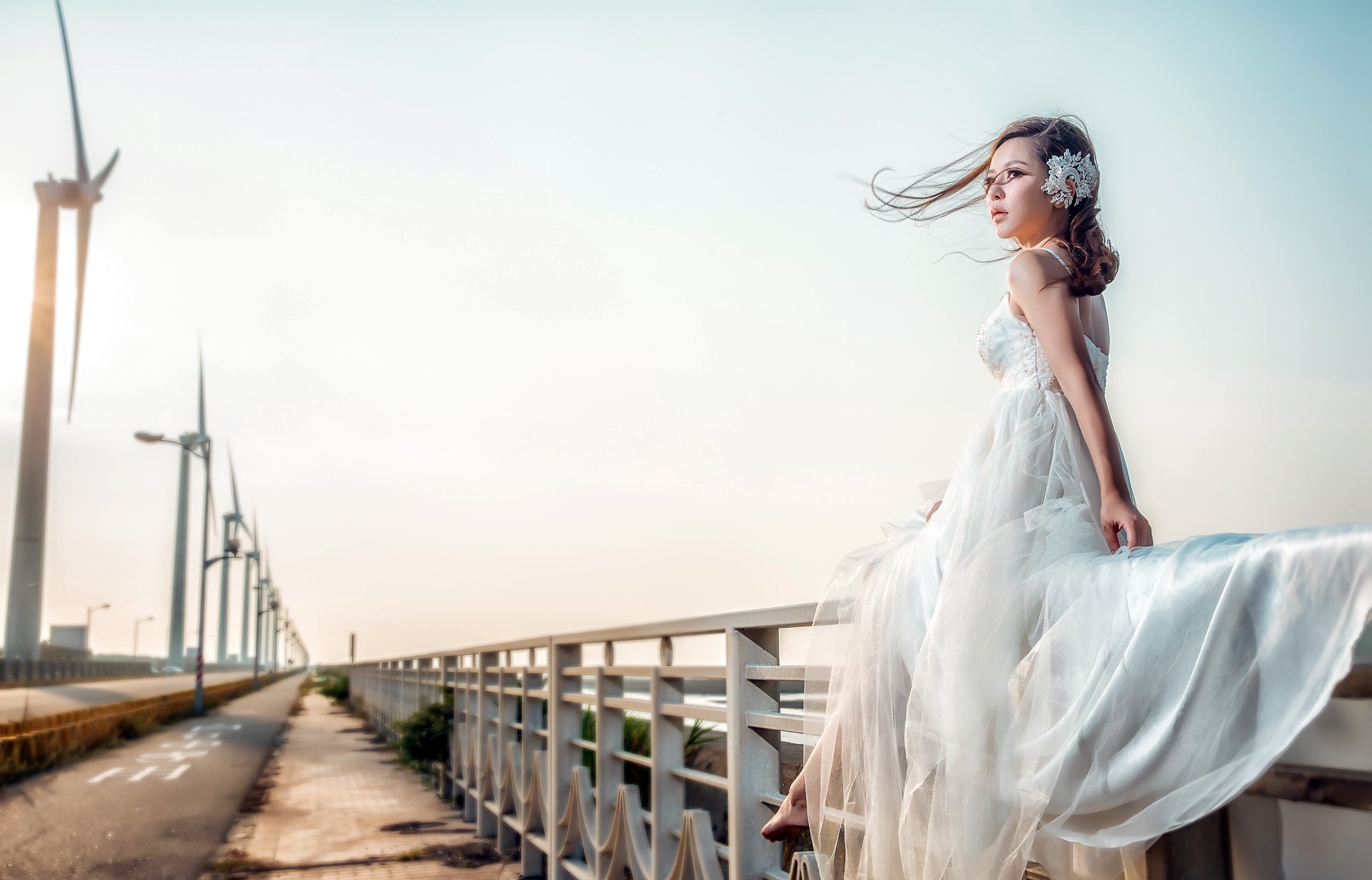 Free download wallpaper Brunette, Model, Women, Asian, White Dress on your PC desktop