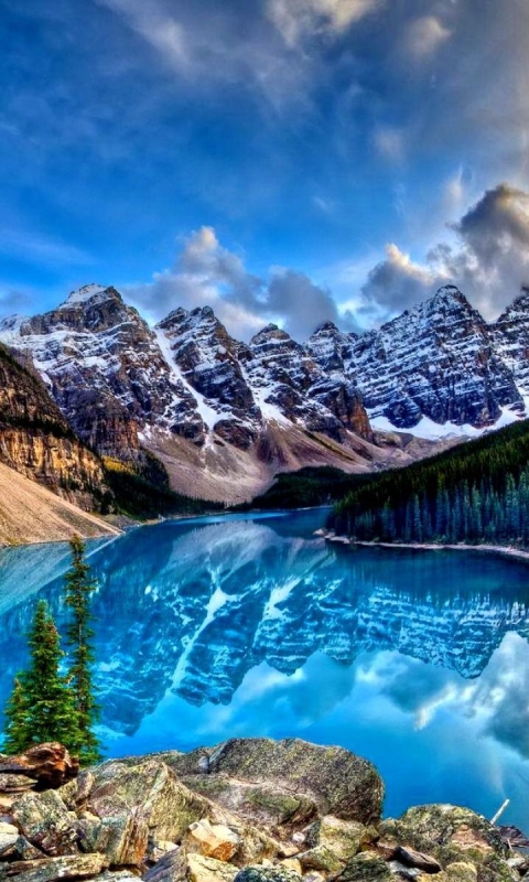 無料モバイル壁紙風景, 木, 湖, 山, 反射, カナダ, 地球, Hdr, モレーン湖, バンフ国立公園をダウンロードします。