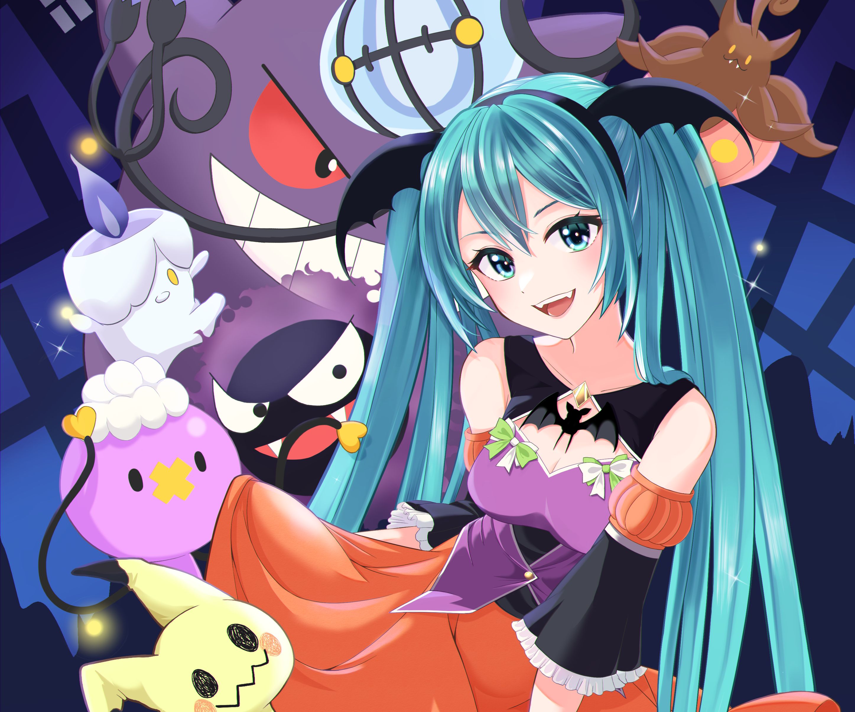 Download mobile wallpaper Anime, Pokémon, Vocaloid, Crossover, Hatsune Miku, Gastly (Pokémon), Gengar (Pokémon) for free.