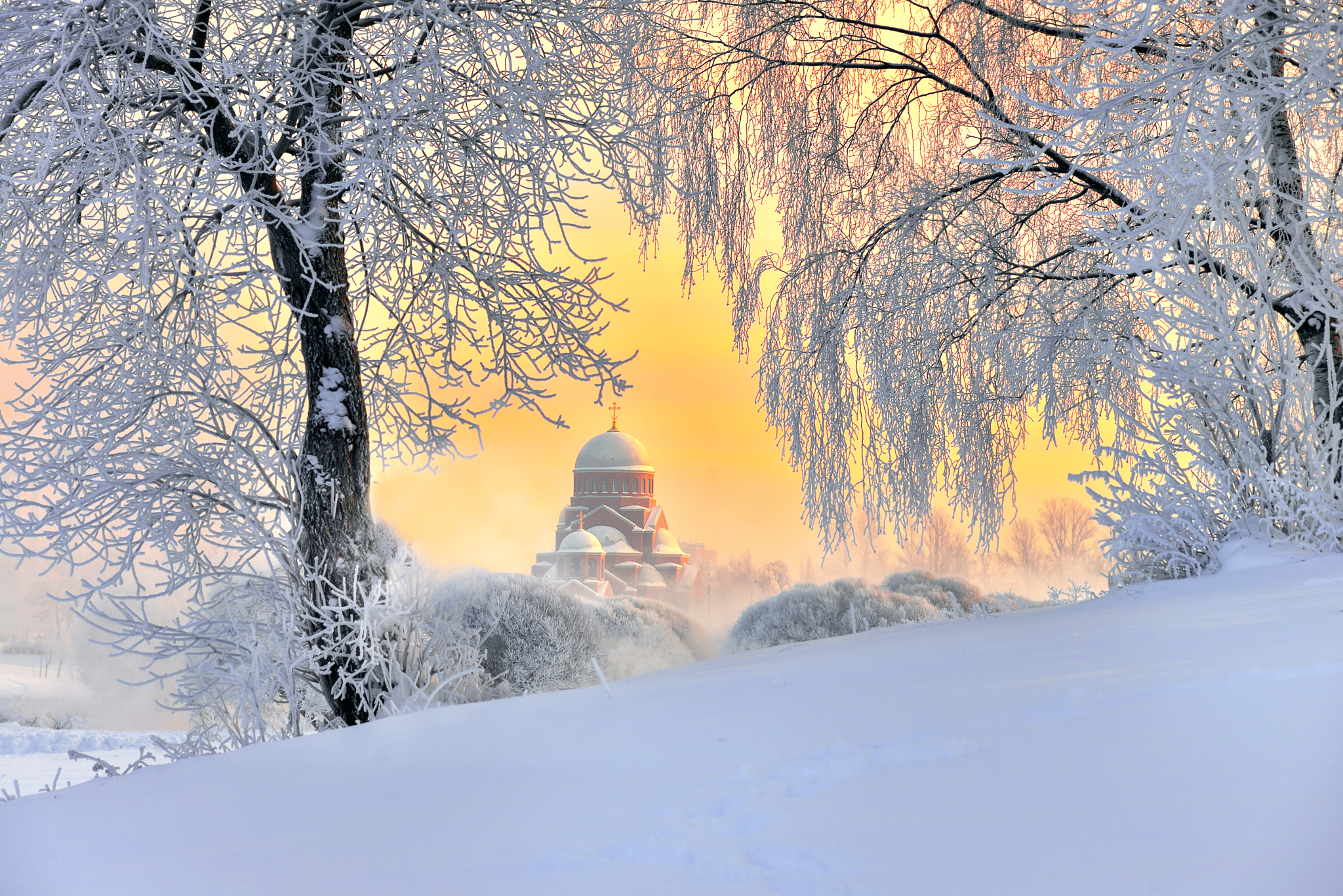 Free download wallpaper Landscape, Winter, Sunset, Snow, Tree, Earth, Russia, Church, Photography on your PC desktop