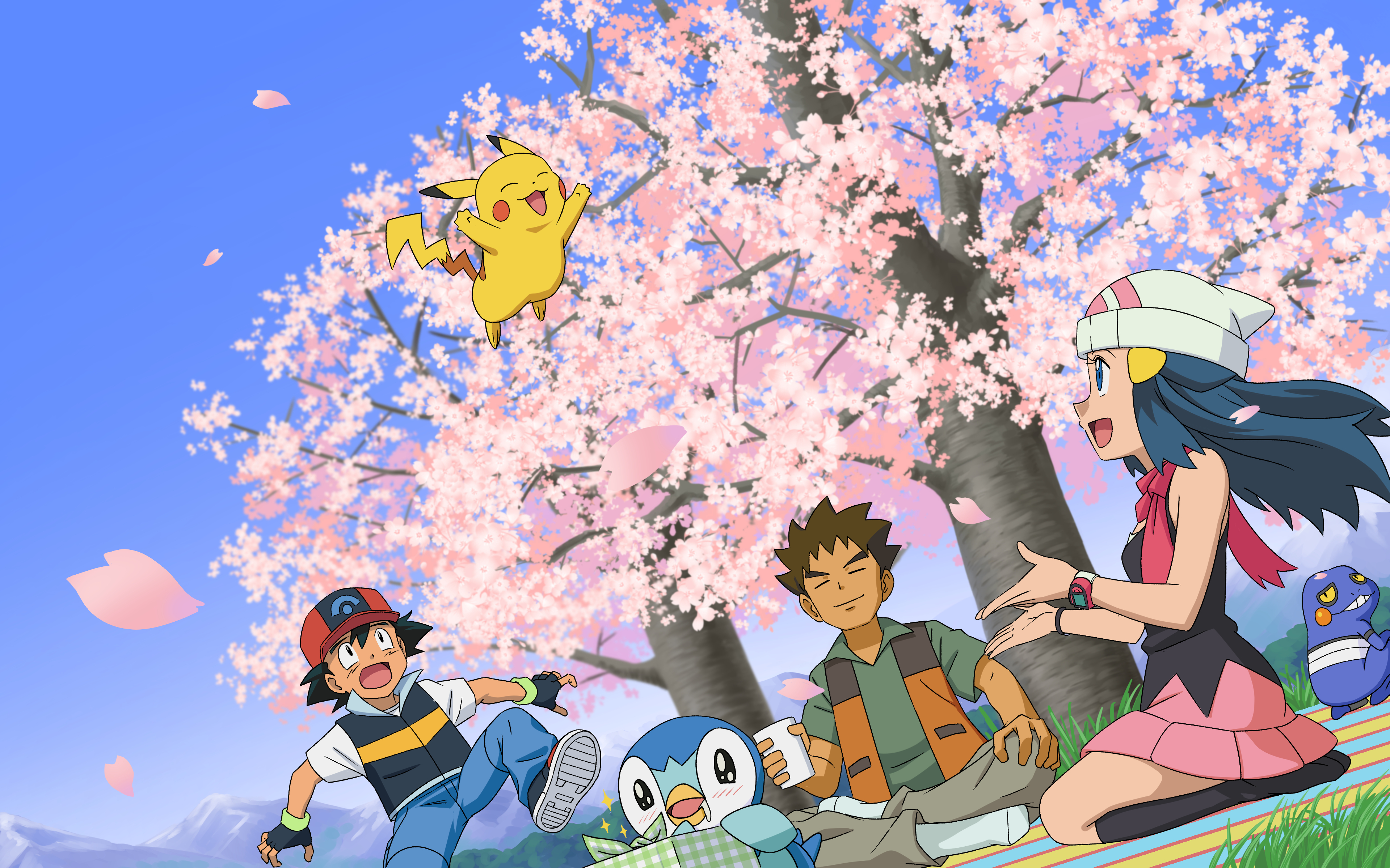 anime, pokémon, ash ketchum, brock (pokémon), cherry blossom, croagunk (pokémon), dawn (pokémon), pikachu, piplup (pokémon)