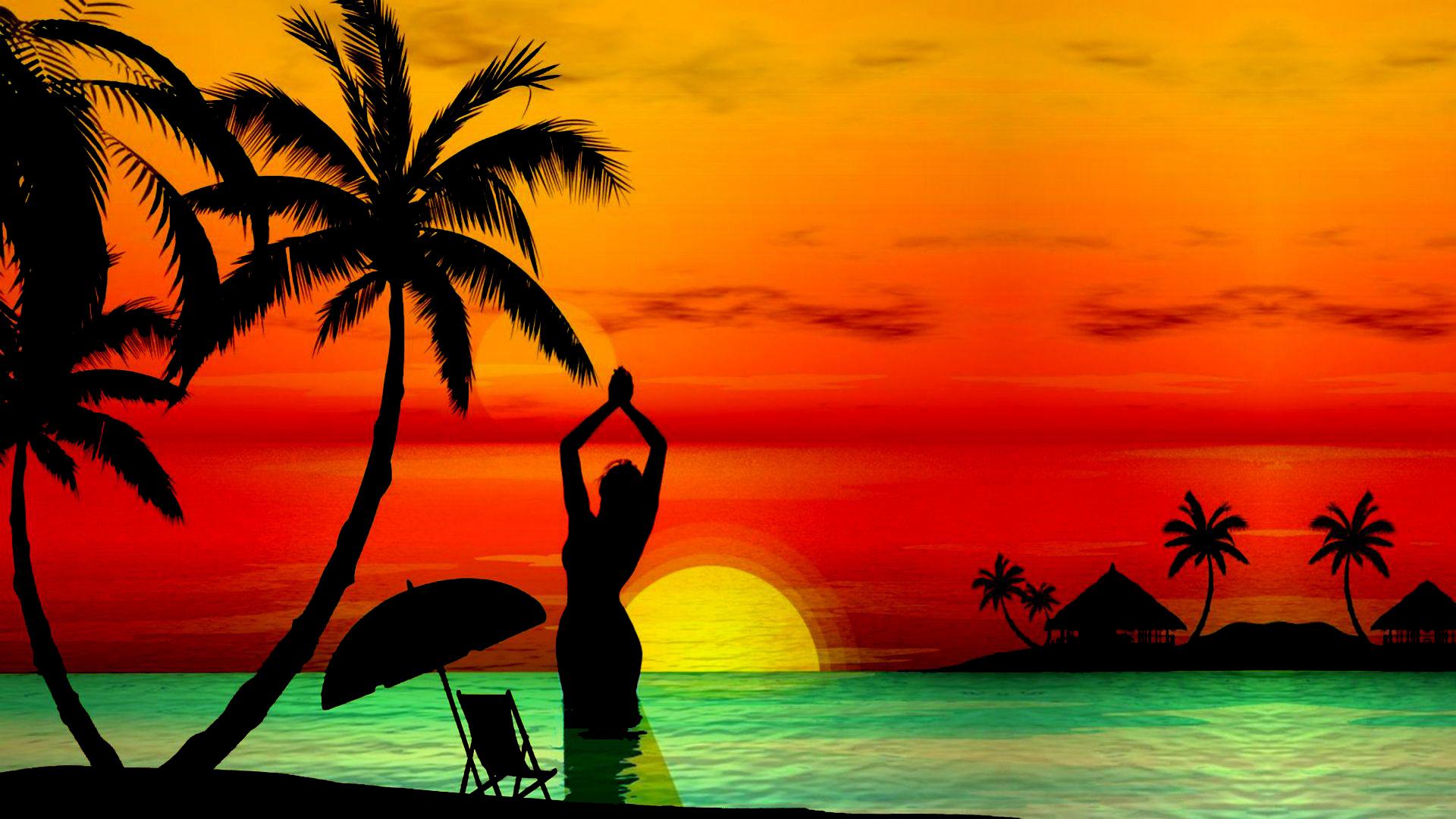 Laden Sie das Hell, Silhouette, Stuhl, Ozean, Palme, Bunt, Regenschirm, Tropisch, Sonnenuntergang, Sonne, Künstlerisch, Orange Farbe)-Bild kostenlos auf Ihren PC-Desktop herunter