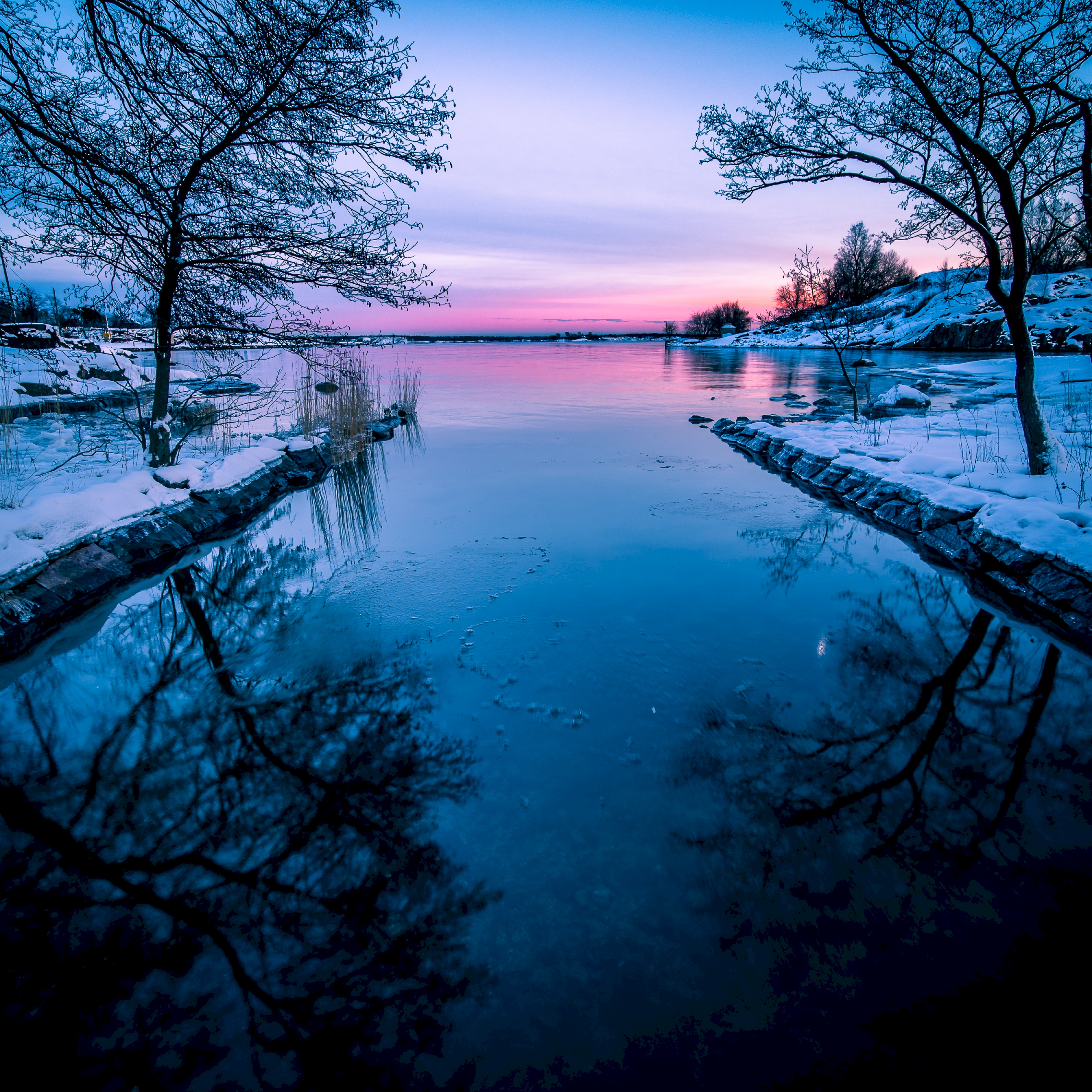 PCデスクトップに湖, 地平線, 日没, 冬, 自然画像を無料でダウンロード