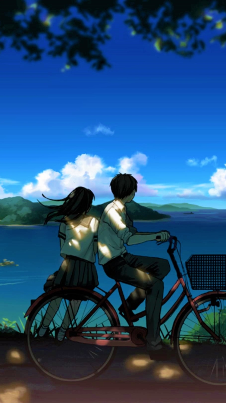 Download mobile wallpaper Anime, Sky, Lake, Couple, Bike, Bicycle, Uniform, Original for free.