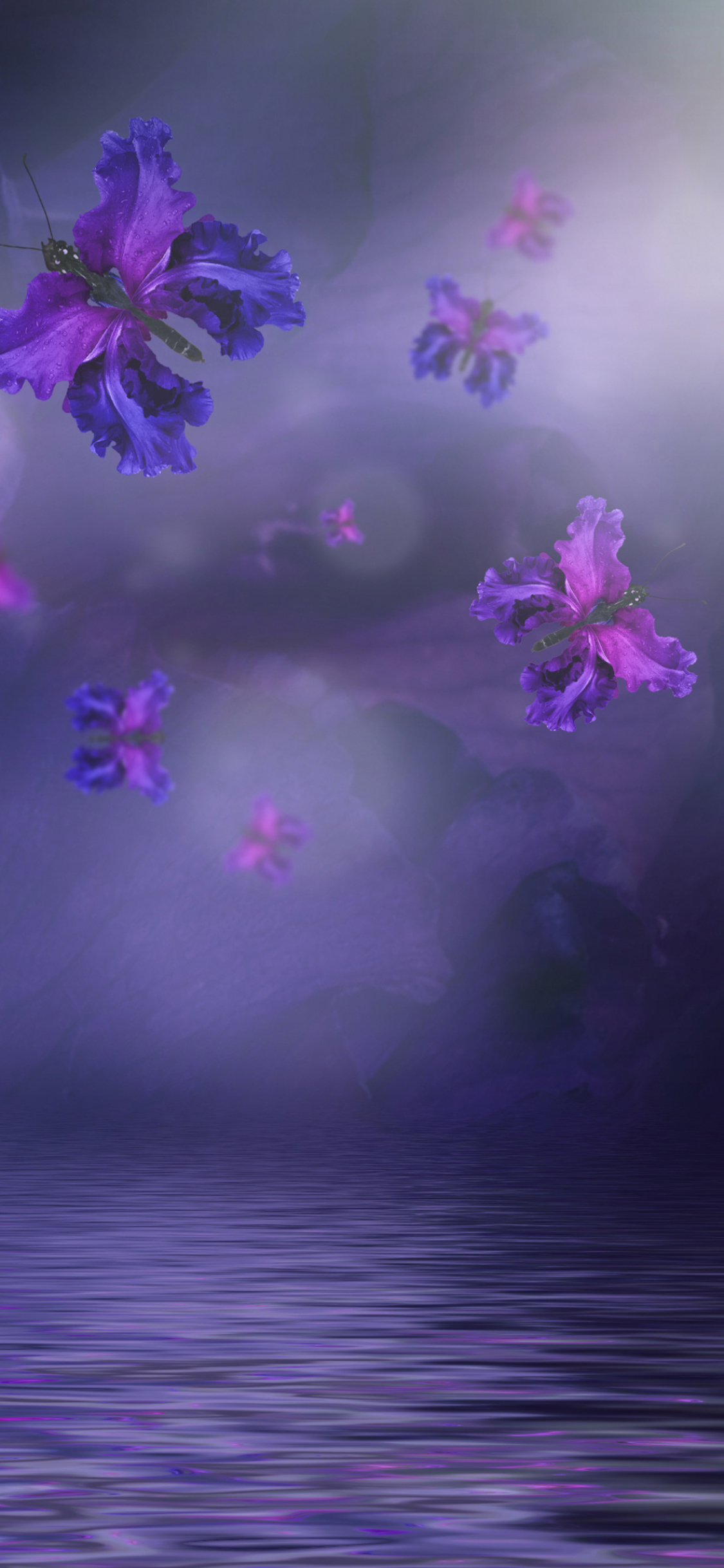 無料モバイル壁紙蝶, 水, 花, 紫の, 翼, 芸術的をダウンロードします。