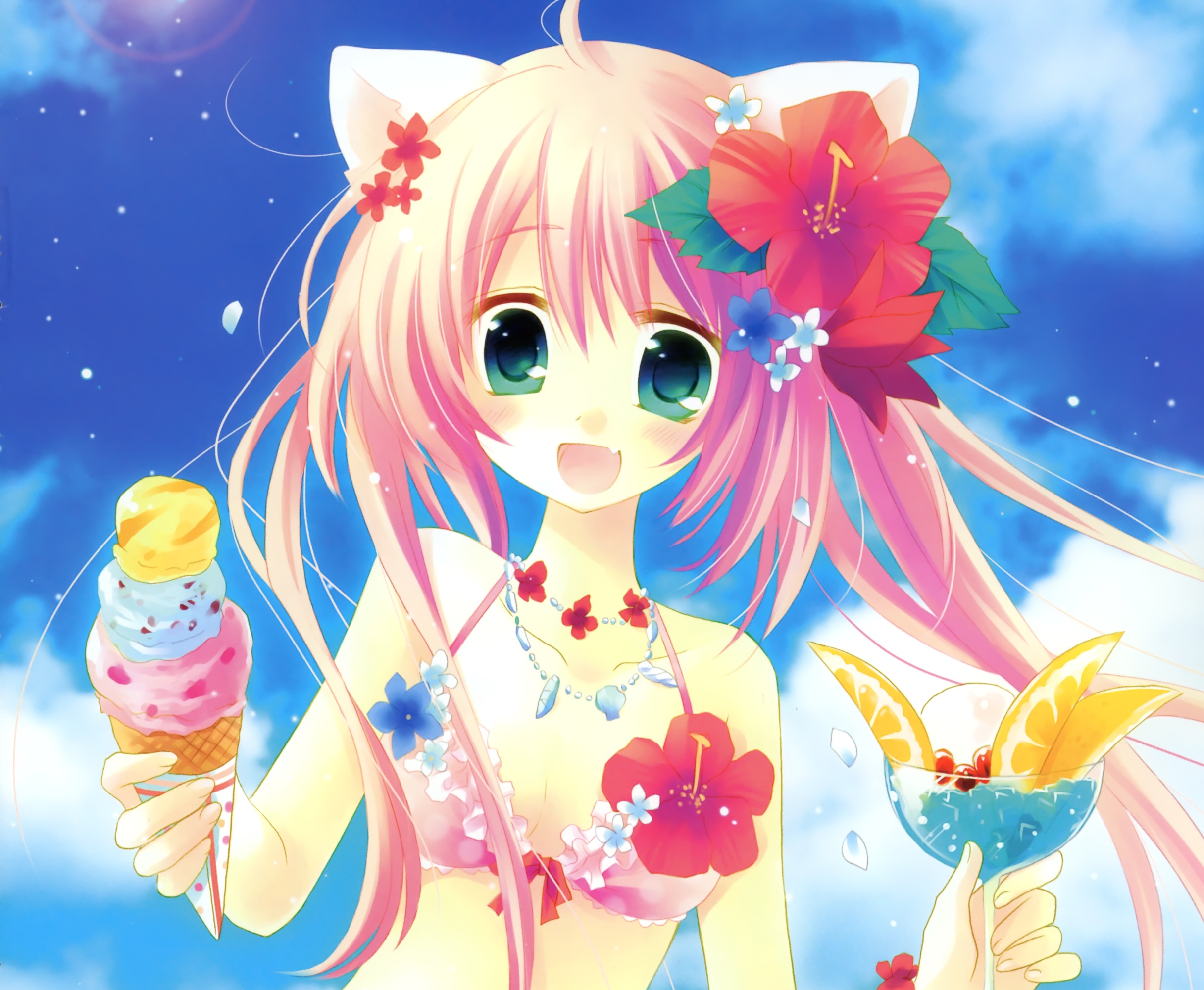 Download mobile wallpaper Anime, Ice Cream, Flower, Smile, Blue Eyes, Original, Pink Hair, Long Hair, Bikini, Cat Girl for free.