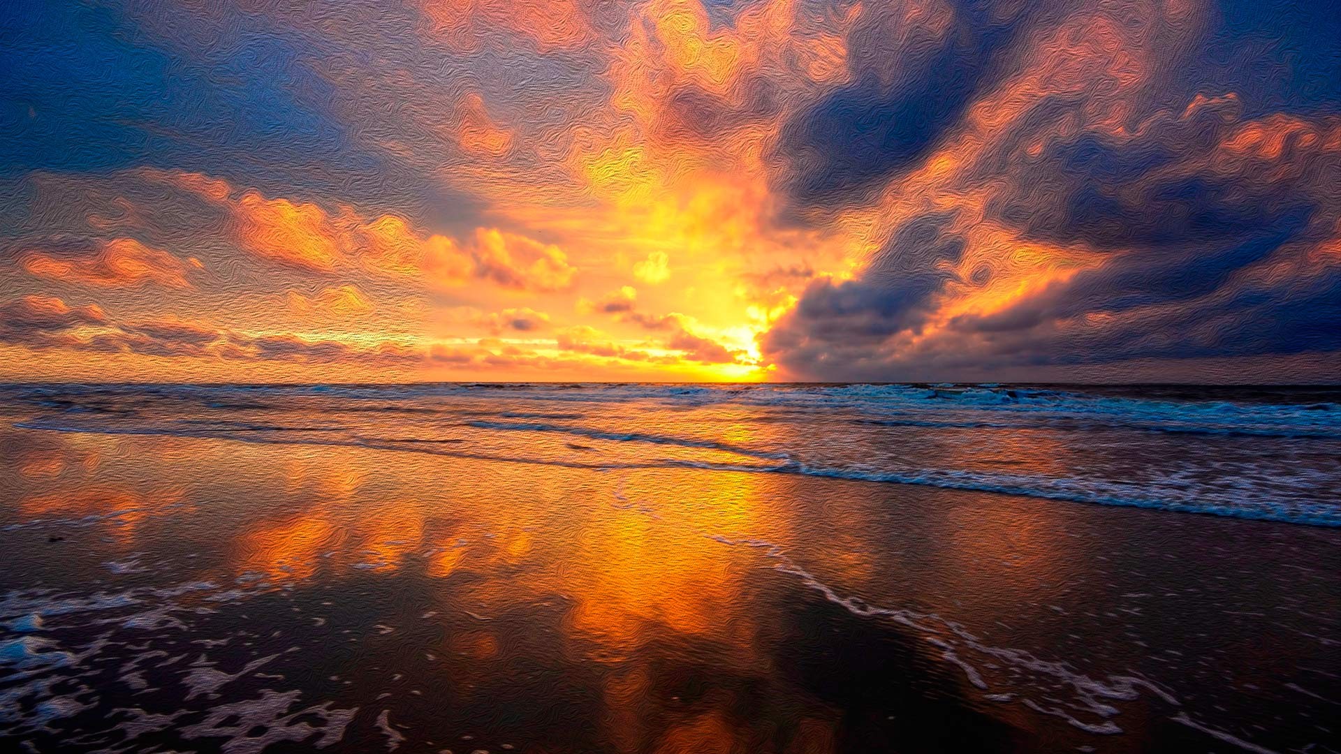 Download mobile wallpaper Sunset, Sky, Sea, Beach, Horizon, Ocean, Earth, Cloud, Oil Painting for free.
