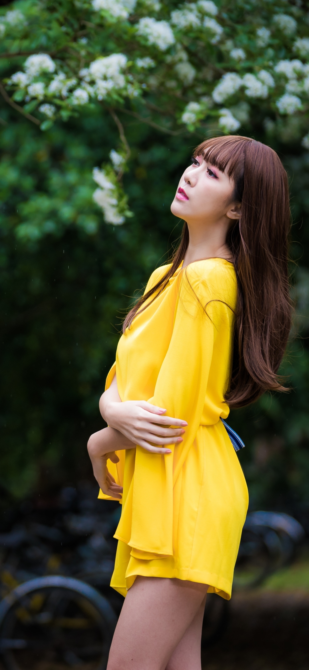 Download mobile wallpaper Brunette, Model, Women, Yellow Dress, Asian, Long Hair, Depth Of Field for free.