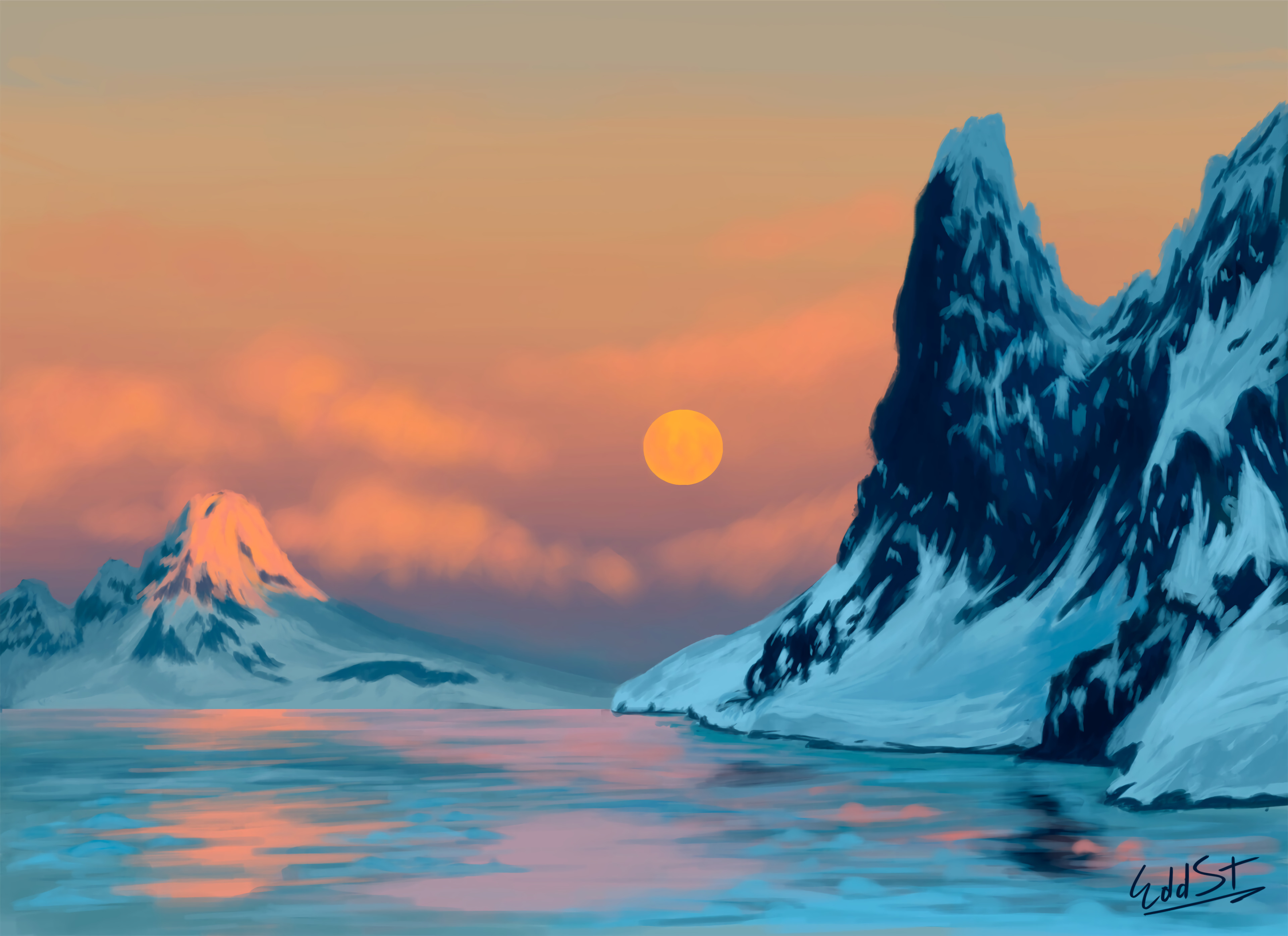 PCデスクトップに日没, 山脈, 湖, アート, 風景画像を無料でダウンロード