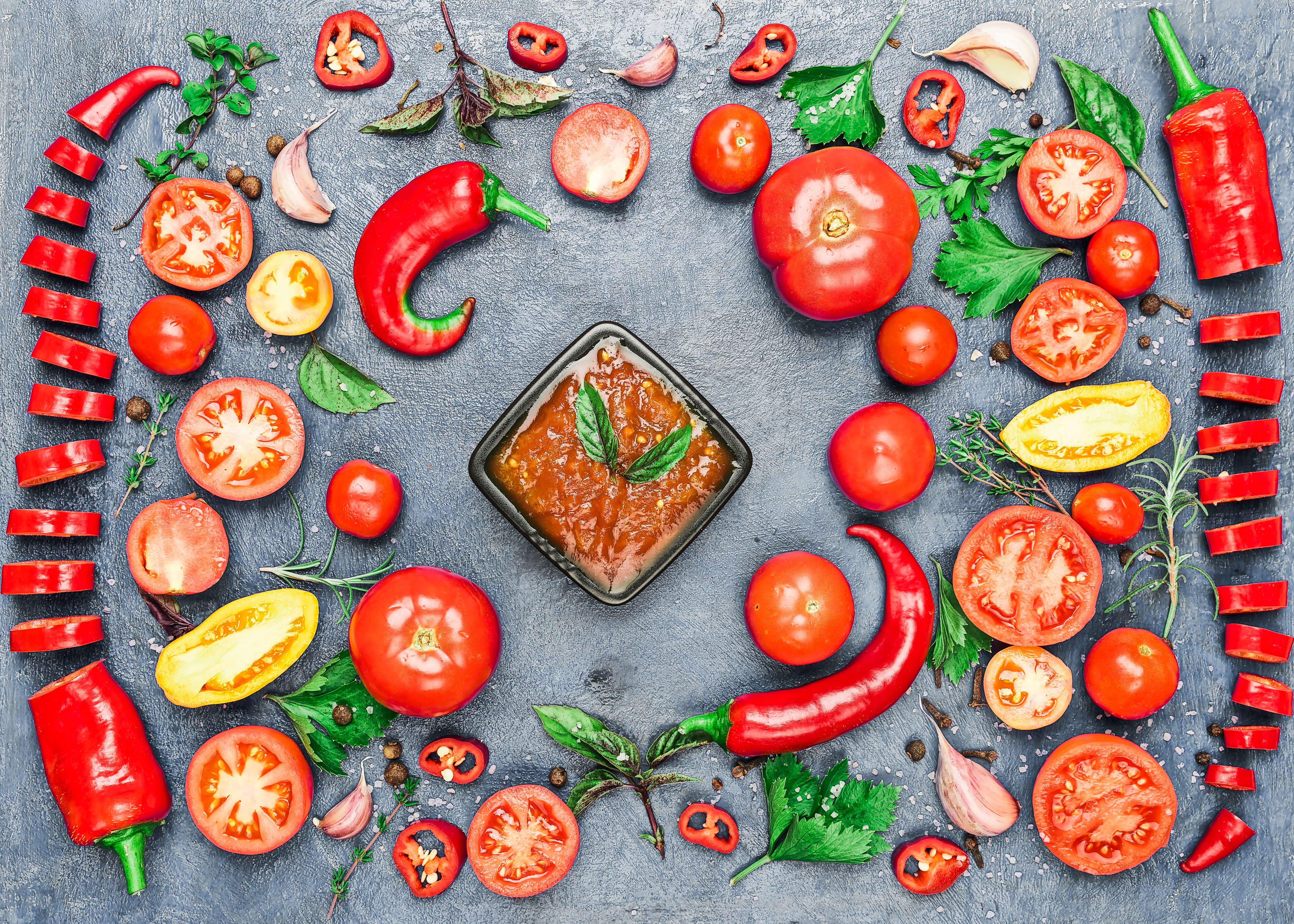 Laden Sie das Pfeffer, Tomate, Nahrungsmittel, Stillleben-Bild kostenlos auf Ihren PC-Desktop herunter