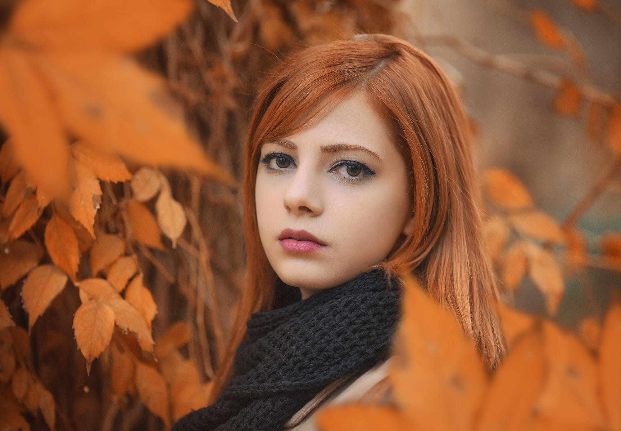 Download mobile wallpaper Fall, Redhead, Face, Model, Women, Scarf, Brown Eyes for free.
