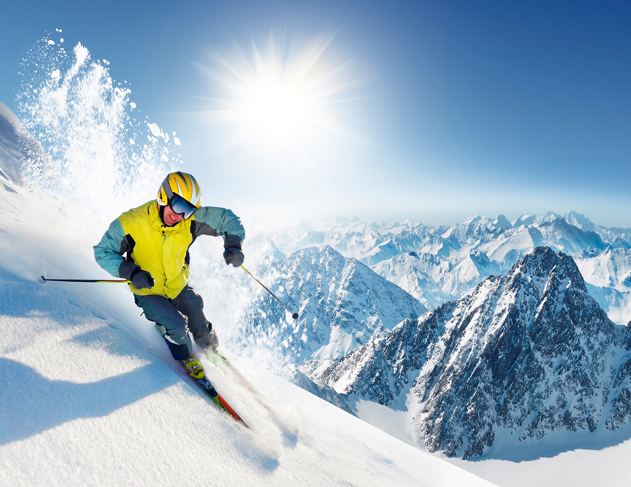 Скачать обои бесплатно Зима, Солнце, Снег, Гора, Виды Спорта, Катание На Лыжах картинка на рабочий стол ПК