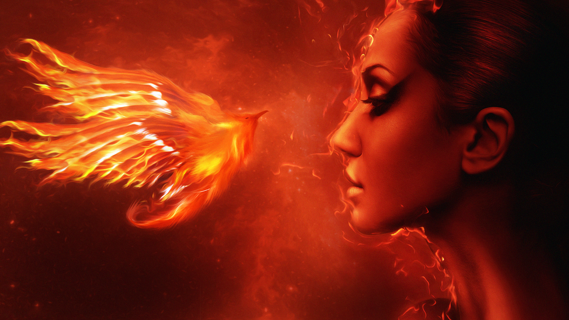 Laden Sie das Fantasie, Feuer, Phönix, Frauen-Bild kostenlos auf Ihren PC-Desktop herunter