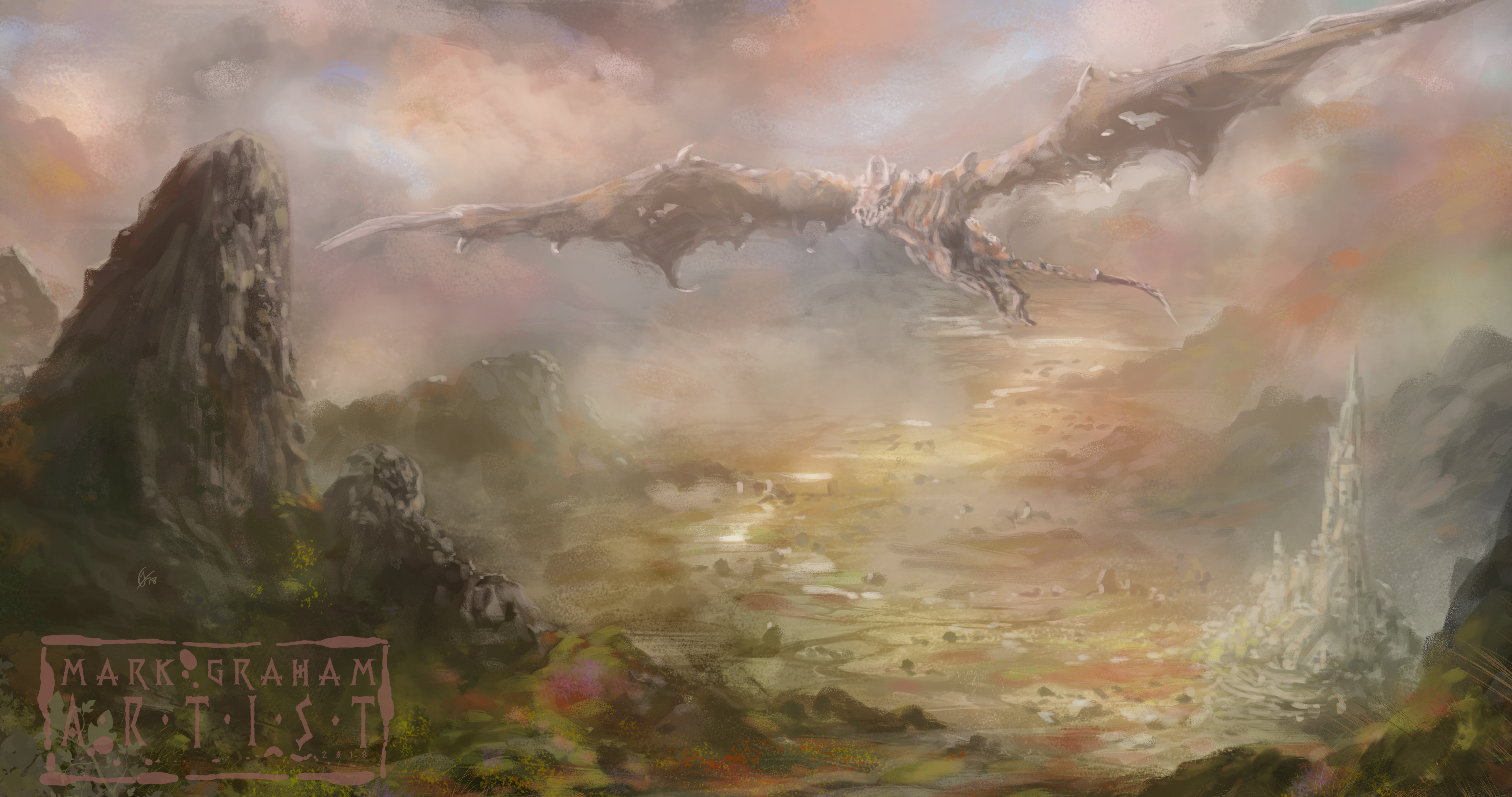 Free download wallpaper Landscape, Fantasy, City, Dragon on your PC desktop