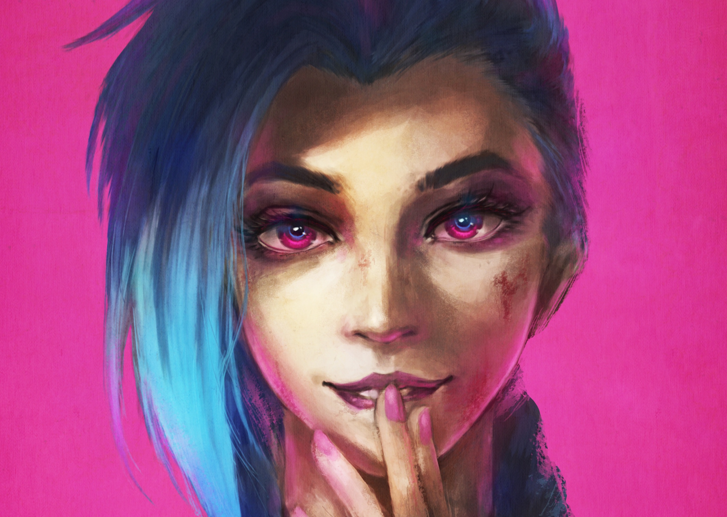 Download mobile wallpaper League Of Legends, Face, Blue Hair, Video Game, Pink Eyes, Jinx (League Of Legends) for free.