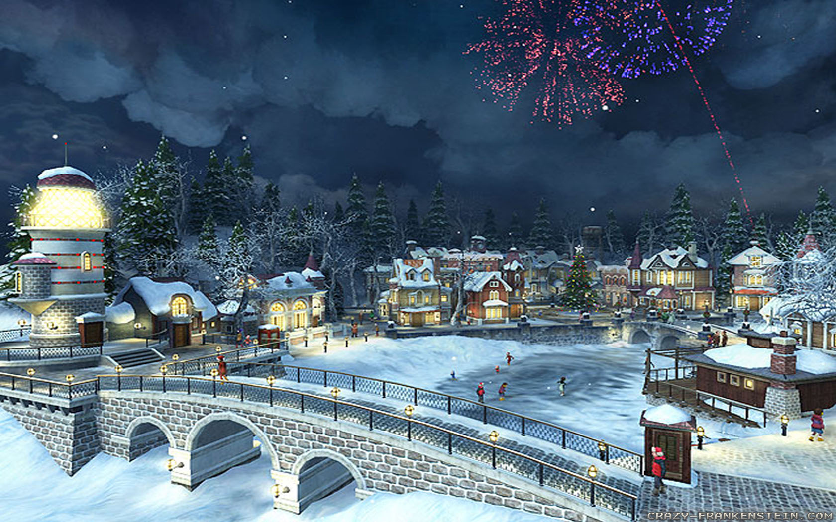 Laden Sie das Winter, Schnee, Haus, Dorf, Brücke, Feuerwerk, Künstlerisch-Bild kostenlos auf Ihren PC-Desktop herunter