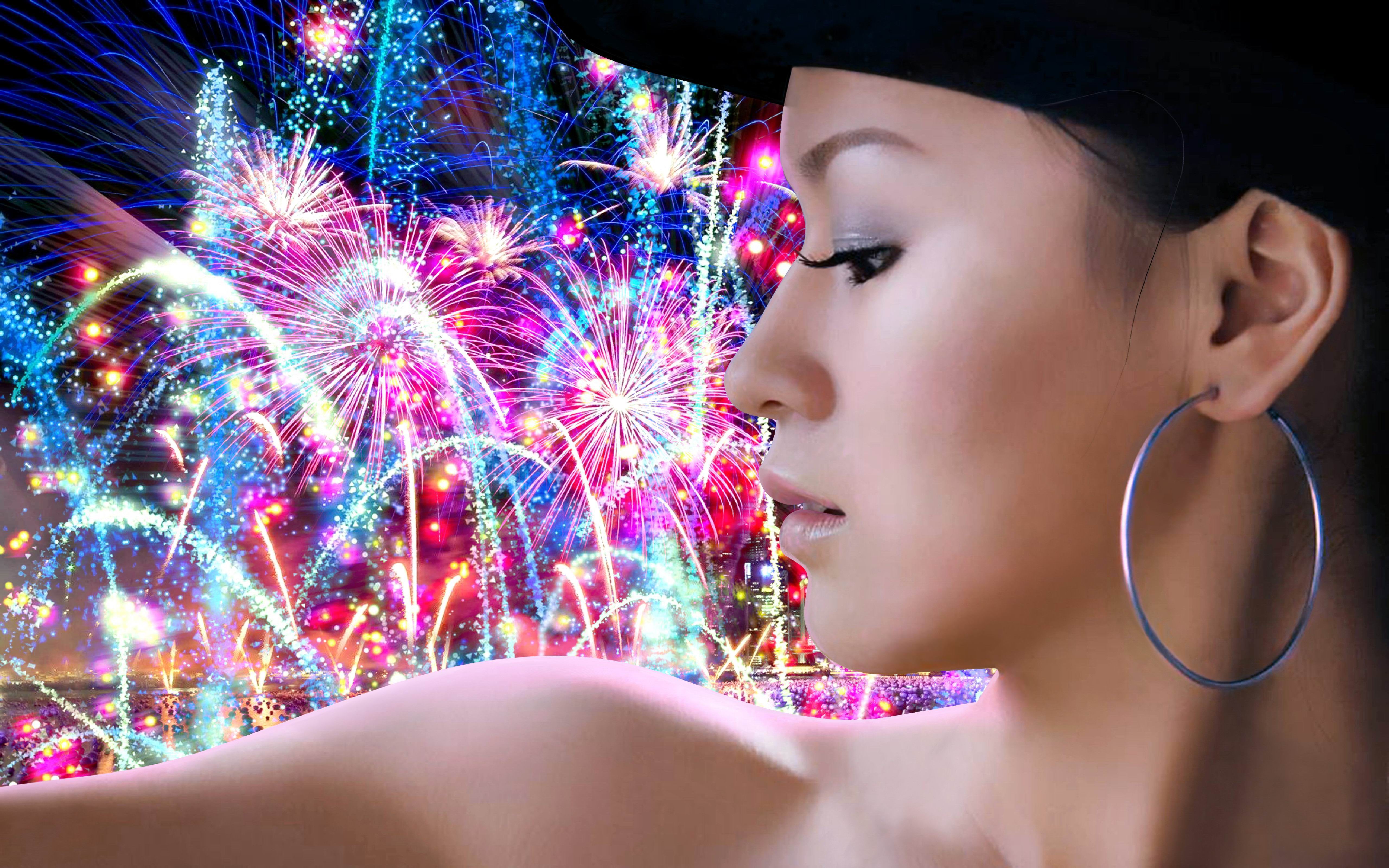 women, beautiful, asian, colorful, earrings, face, fireworks, hat, model, new year, oriental, profile