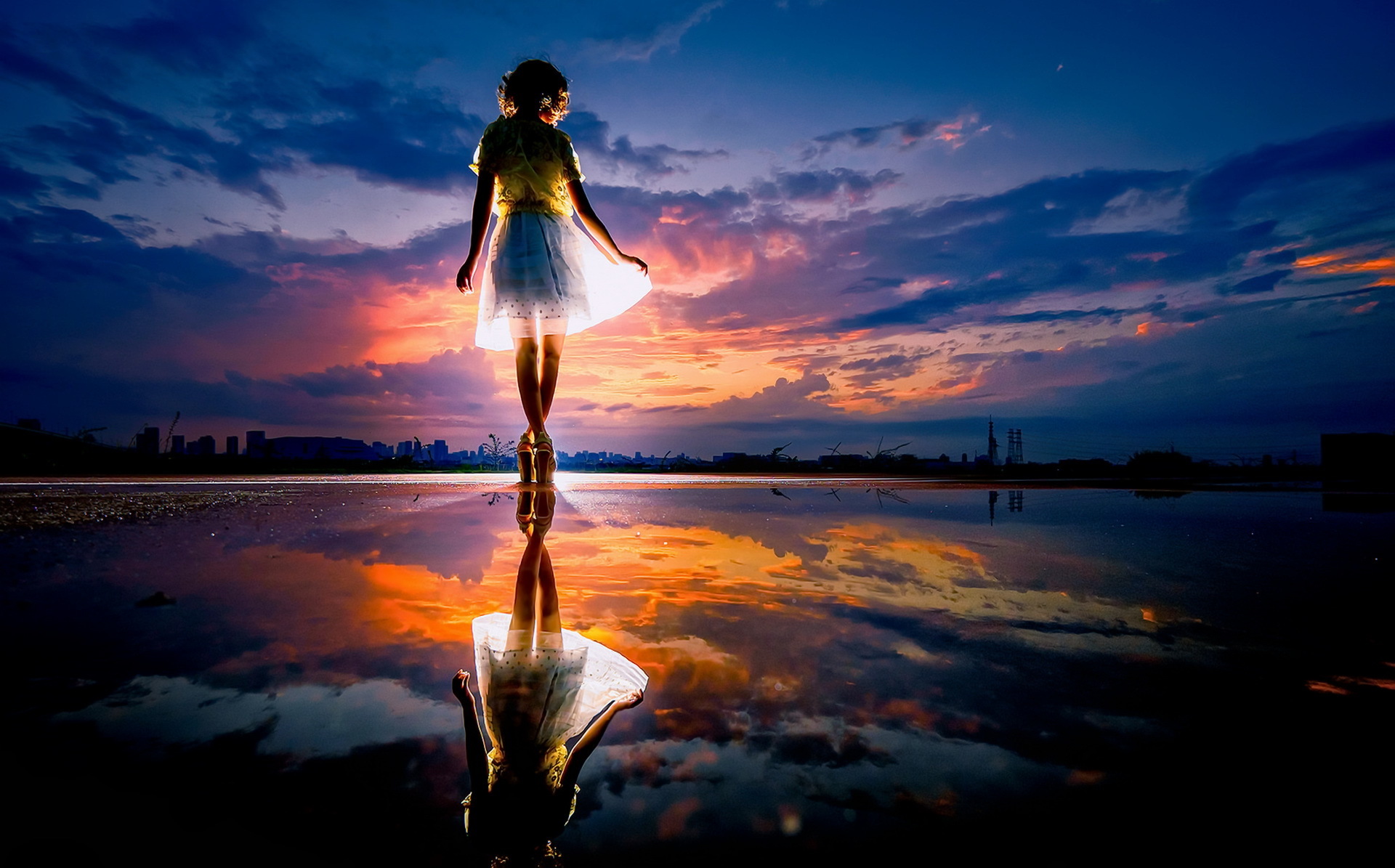 Download mobile wallpaper Sunset, Sky, Reflection, Silhouette, Artistic, Women for free.