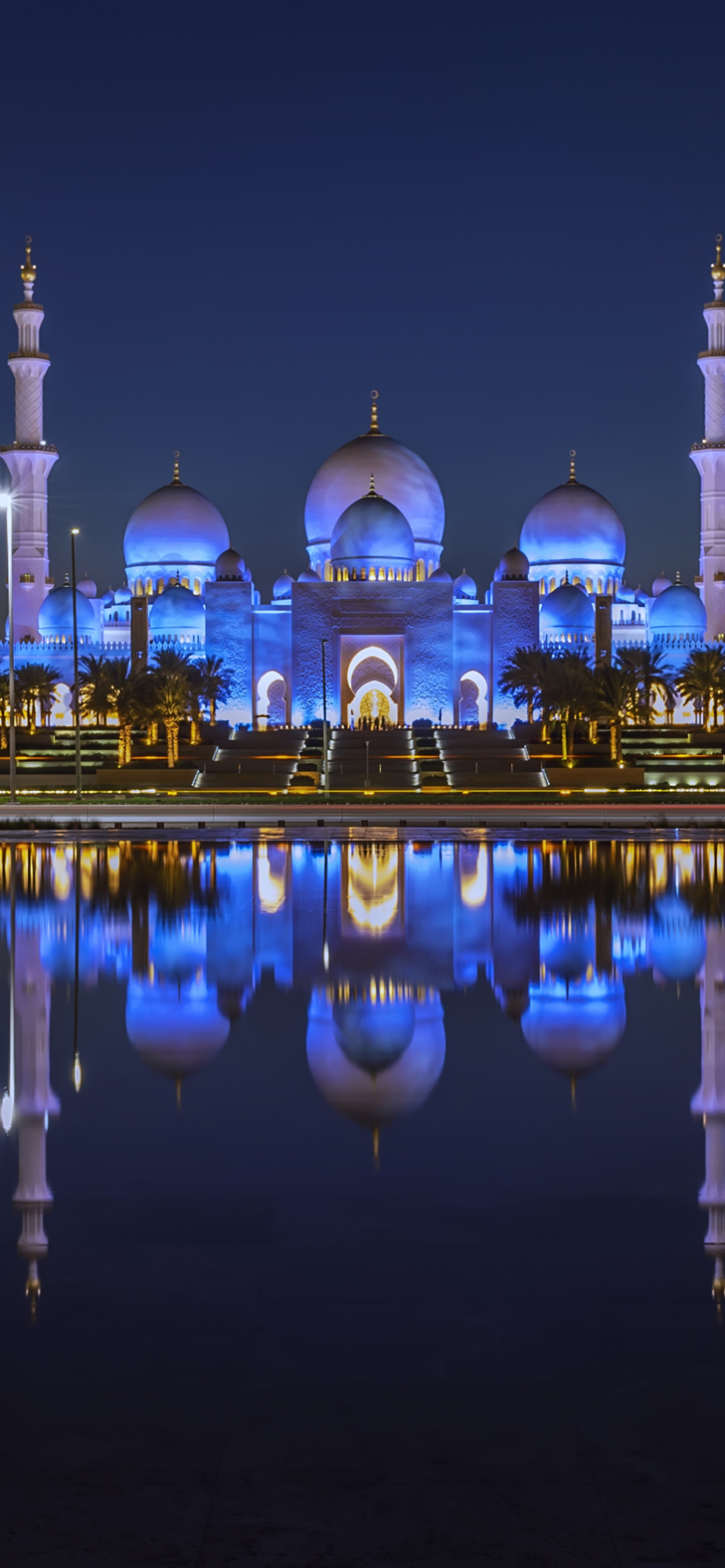 Download mobile wallpaper Night, Building, Reflection, United Arab Emirates, Mosque, Religious, Mosques for free.