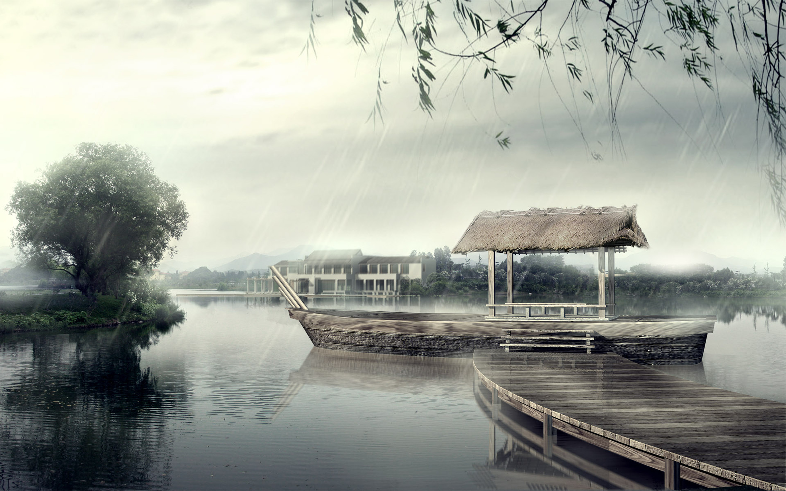 rain, photography, house, artistic, boat, lake