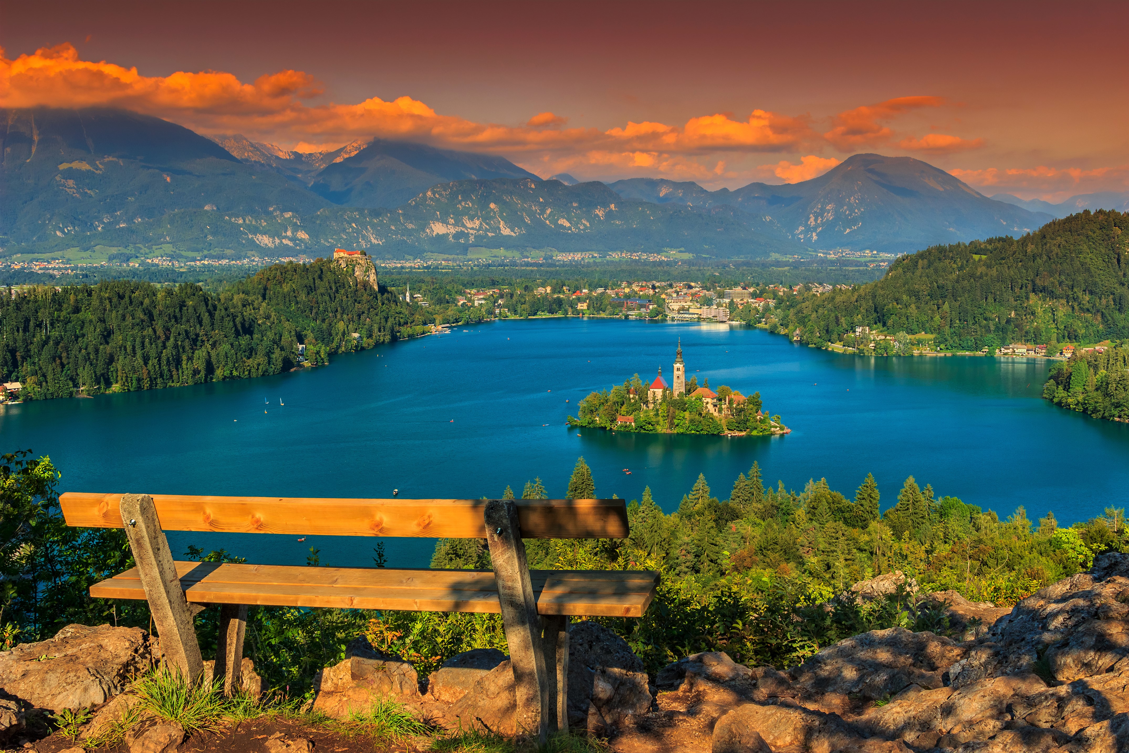religious, assumption of mary church, bench, earth, island, lake bled, lake, churches