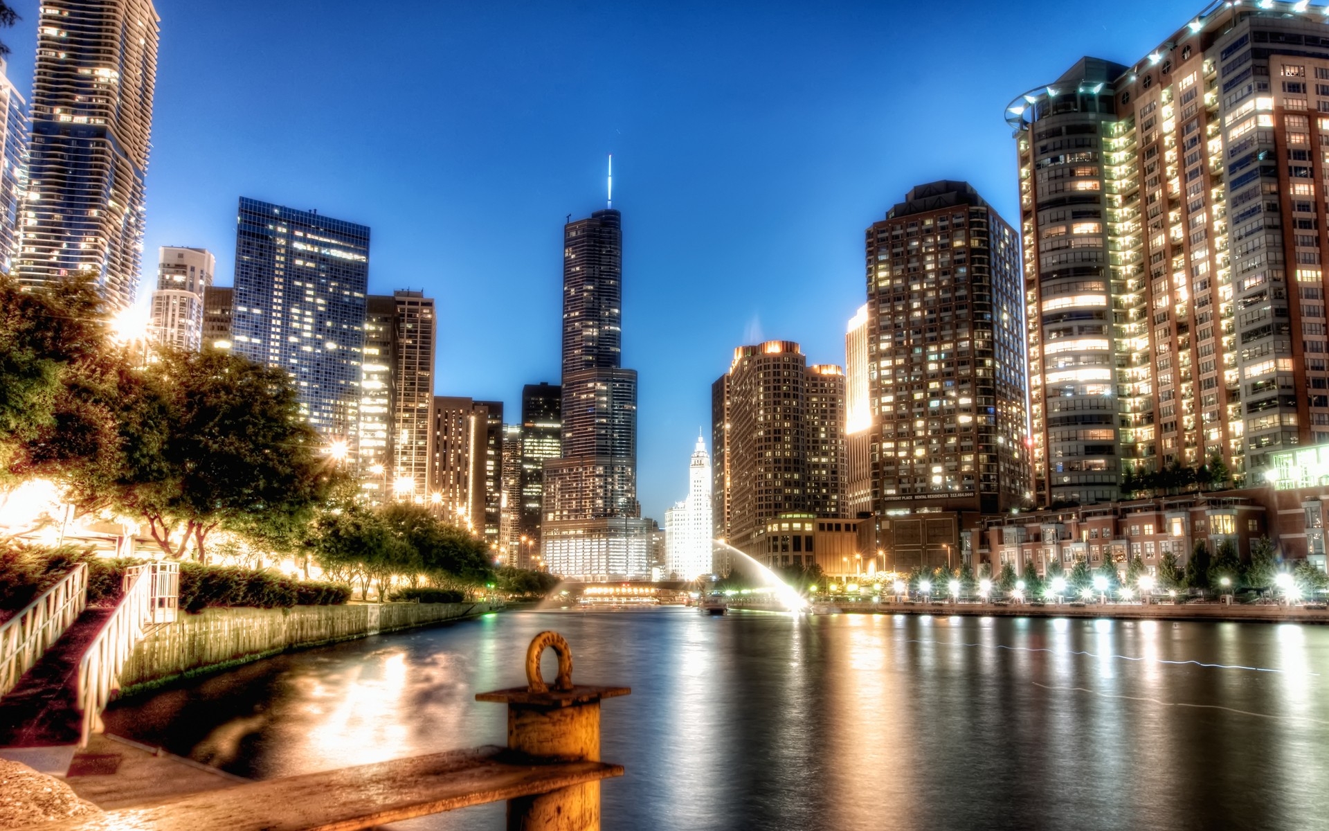 Free download wallpaper Cities, City, Skyscraper, Building, Hdr, Chicago, River, Man Made, Ligths on your PC desktop