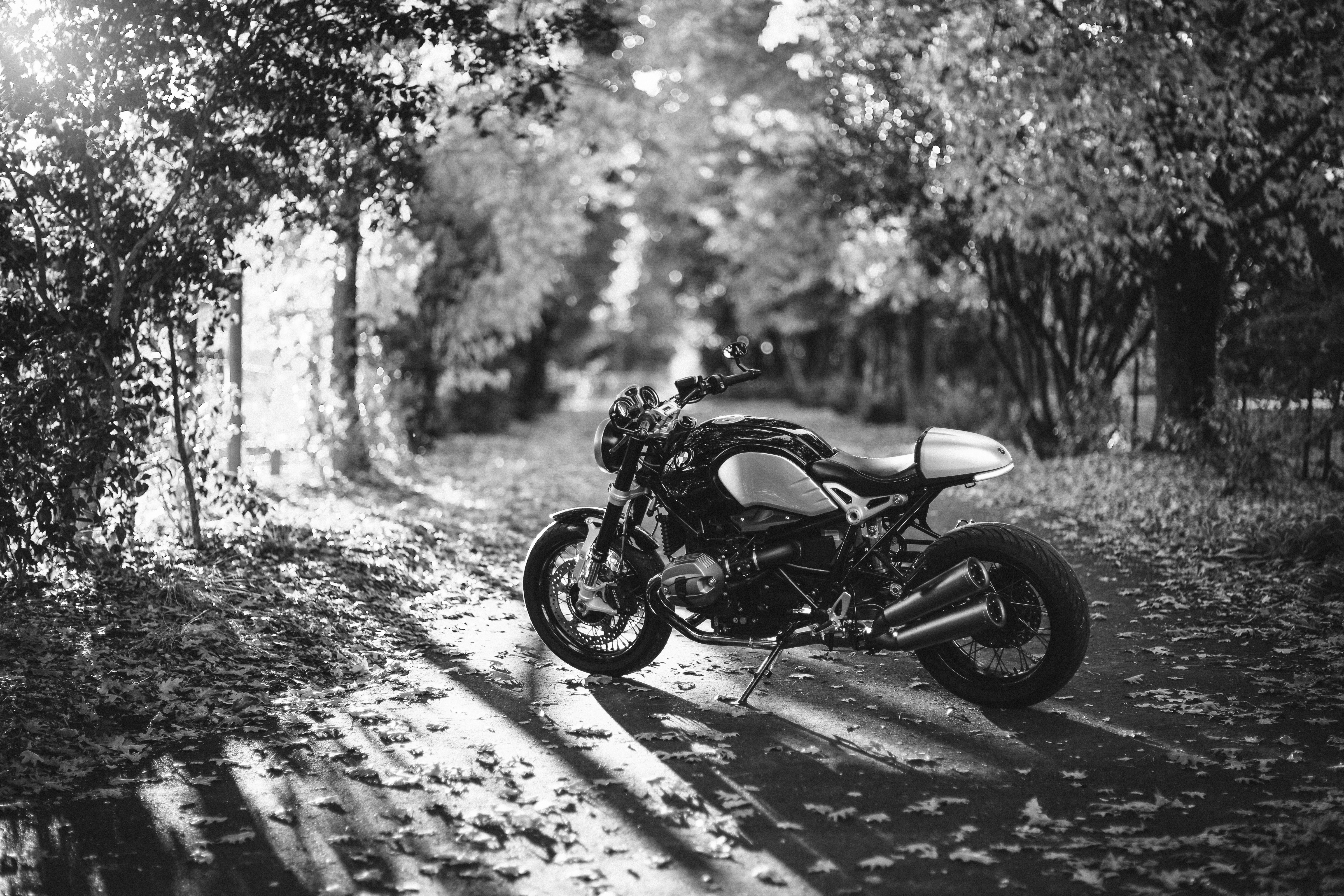 Free download wallpaper Motorcycles, Leaf, Fall, Motorcycle, Sunny, Vehicles, Black & White on your PC desktop