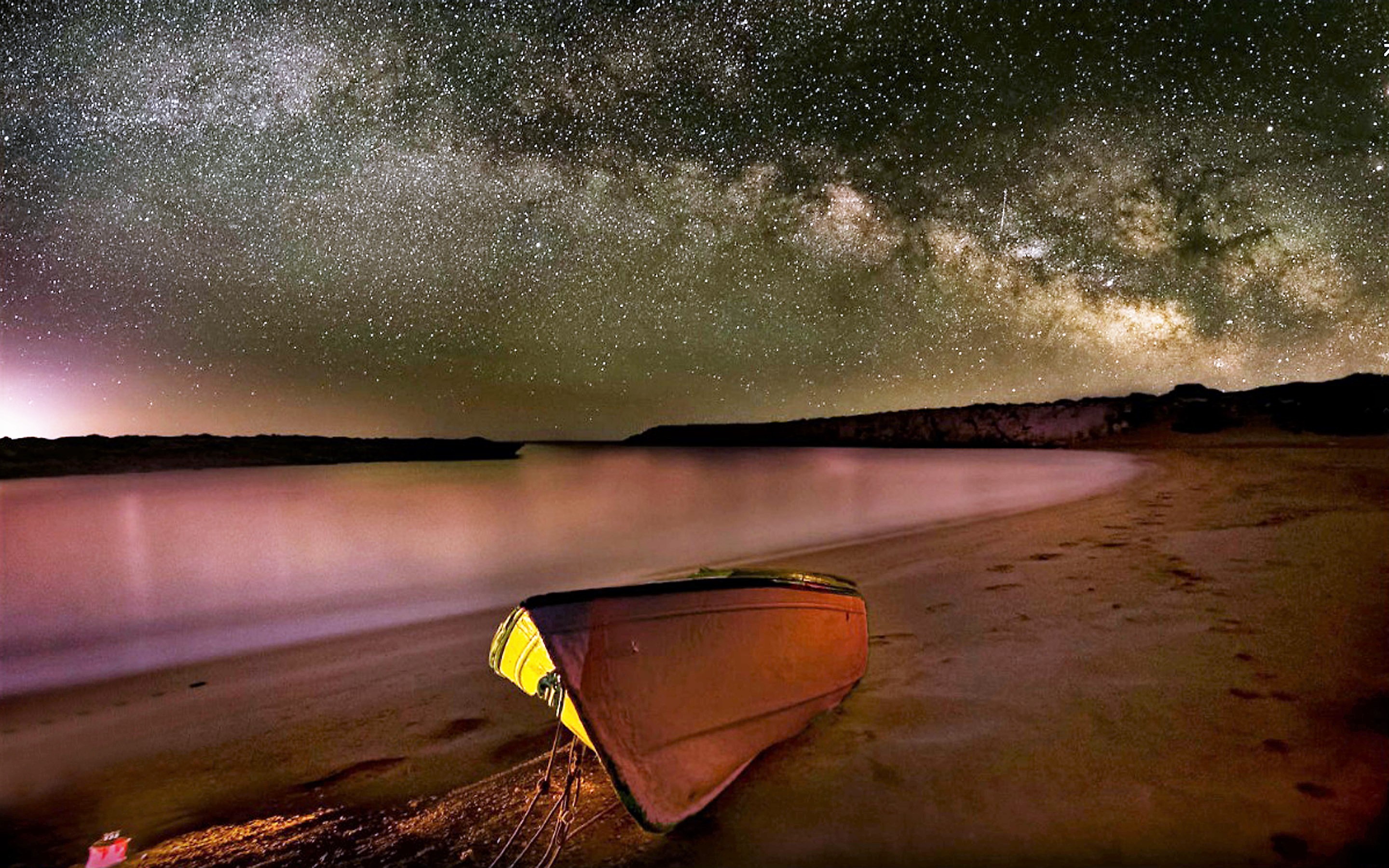 Download mobile wallpaper Sky, Stars, Beach, Starry Sky, Milky Way, Canoe, Vehicle, Vehicles for free.