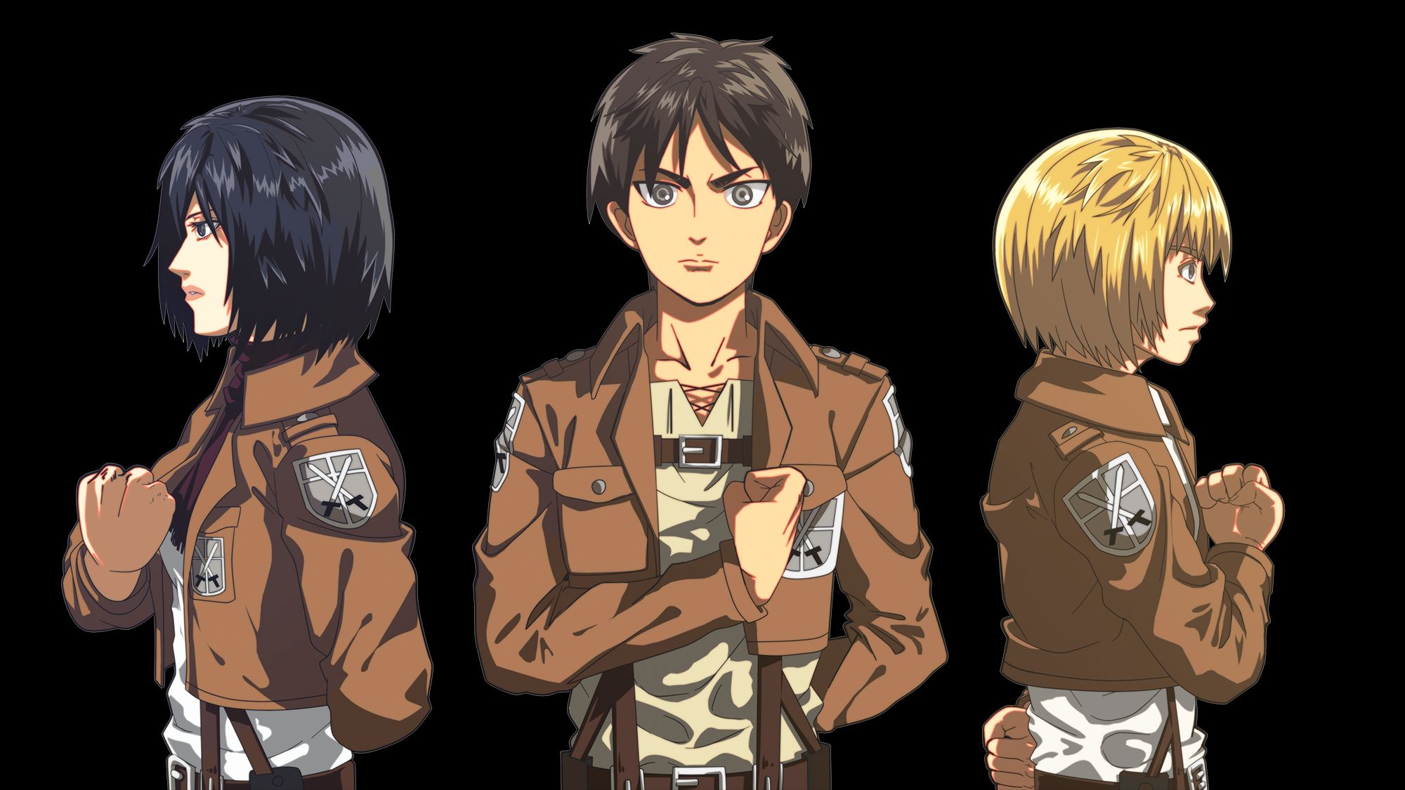 Laden Sie das Animes, Armin Arlert, Eren Jäger, Mikasa Ackermann, Shingeki Kein Kyojin, Attack On Titan-Bild kostenlos auf Ihren PC-Desktop herunter