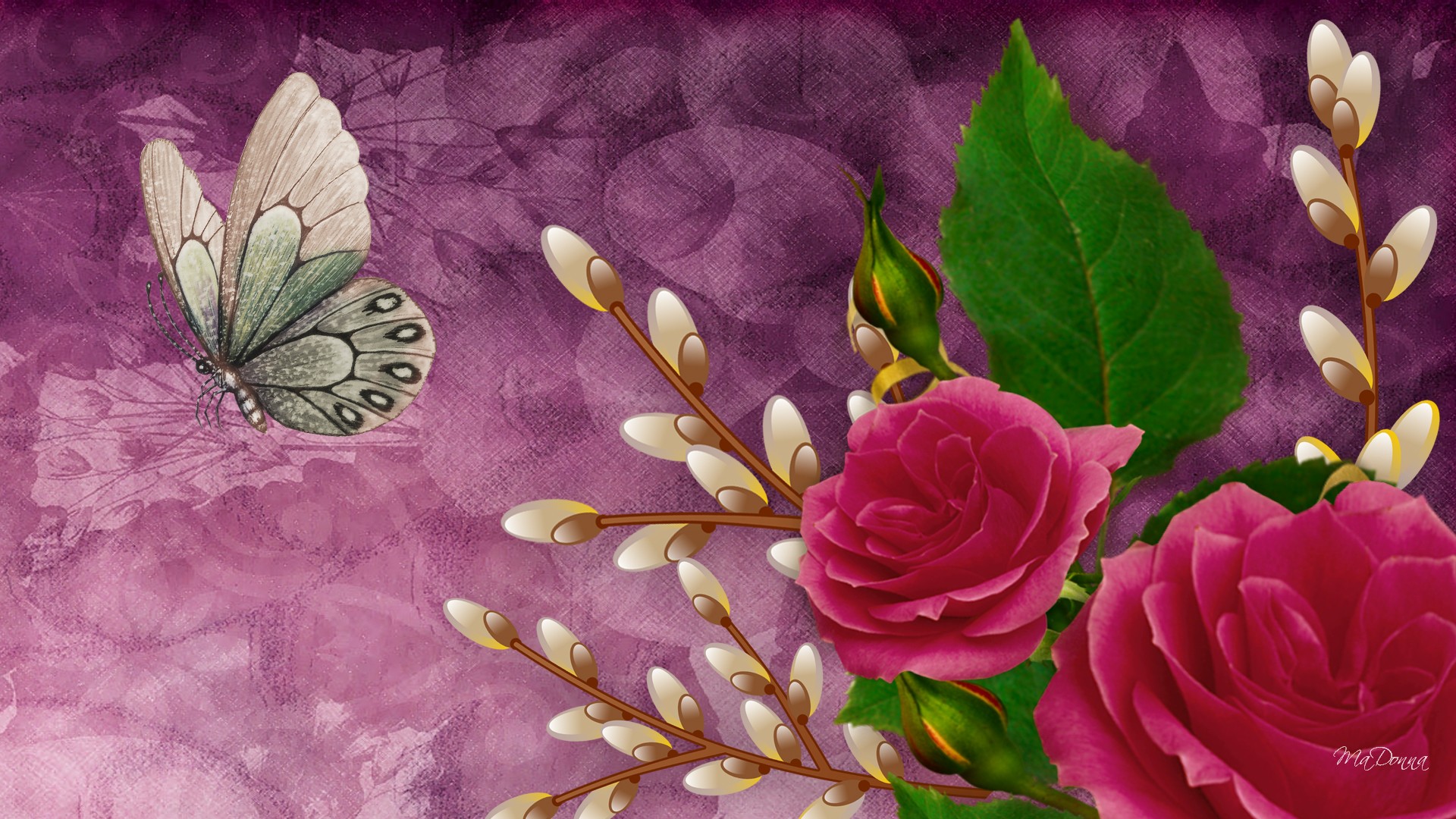 Завантажити шпалери безкоштовно Квітка, Роза, Метелик, Весна, Художній, Кицька Верба картинка на робочий стіл ПК