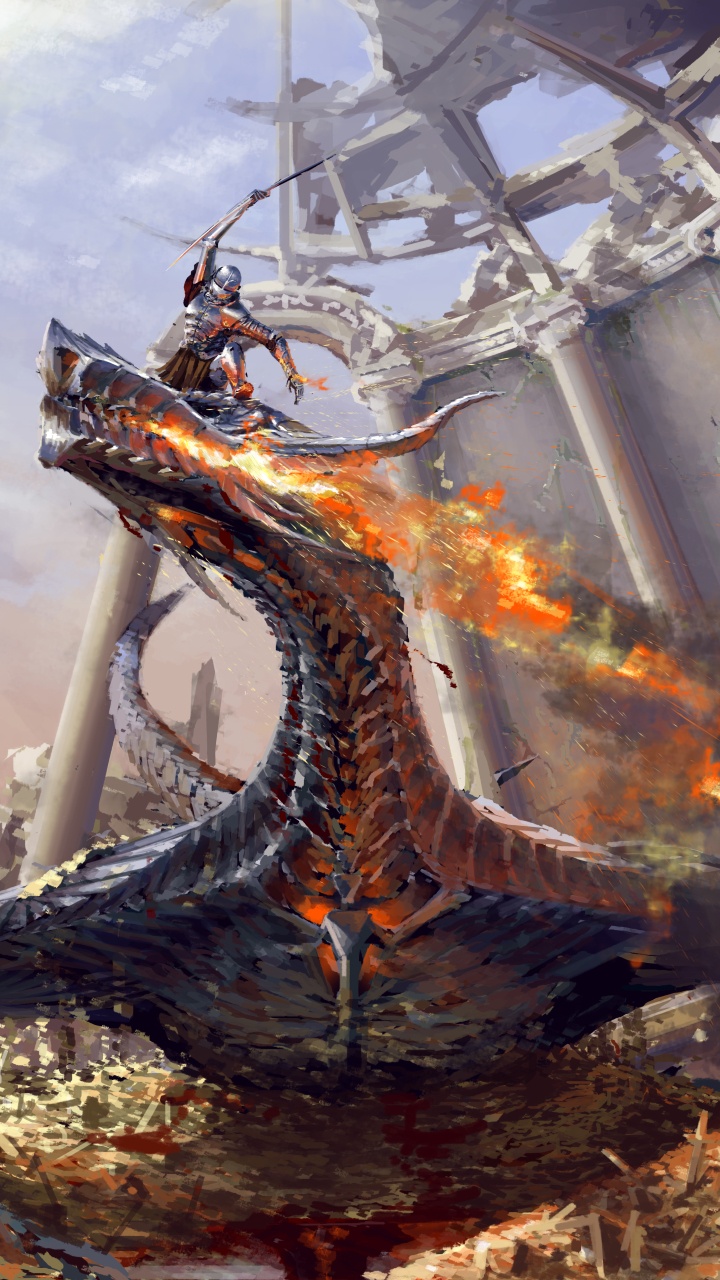 Download mobile wallpaper Fantasy, Dragon, Ruin, Knight, Battle for free.
