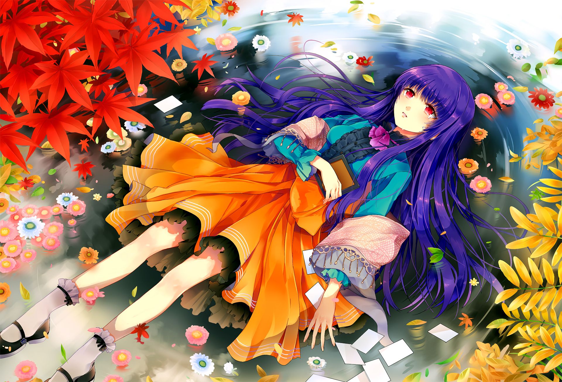 Download mobile wallpaper Anime, Flower, Leaf, Girl, Pond, Skirt, Tears, Red Eyes, Long Hair, Purple Hair, Lying Down for free.