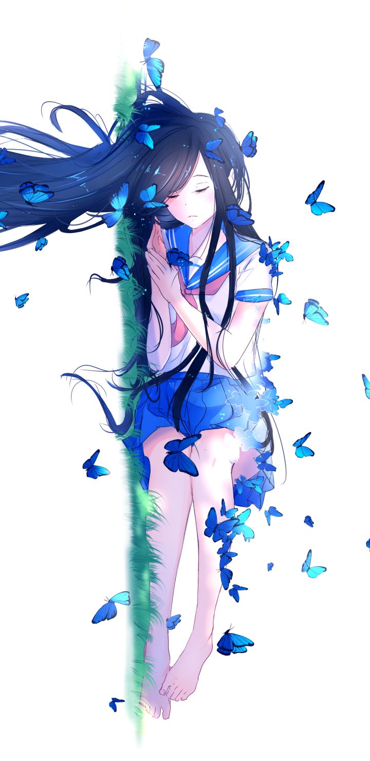 Download mobile wallpaper Anime, Butterfly, Schoolgirl, Original, School Uniform, Black Hair, Long Hair for free.