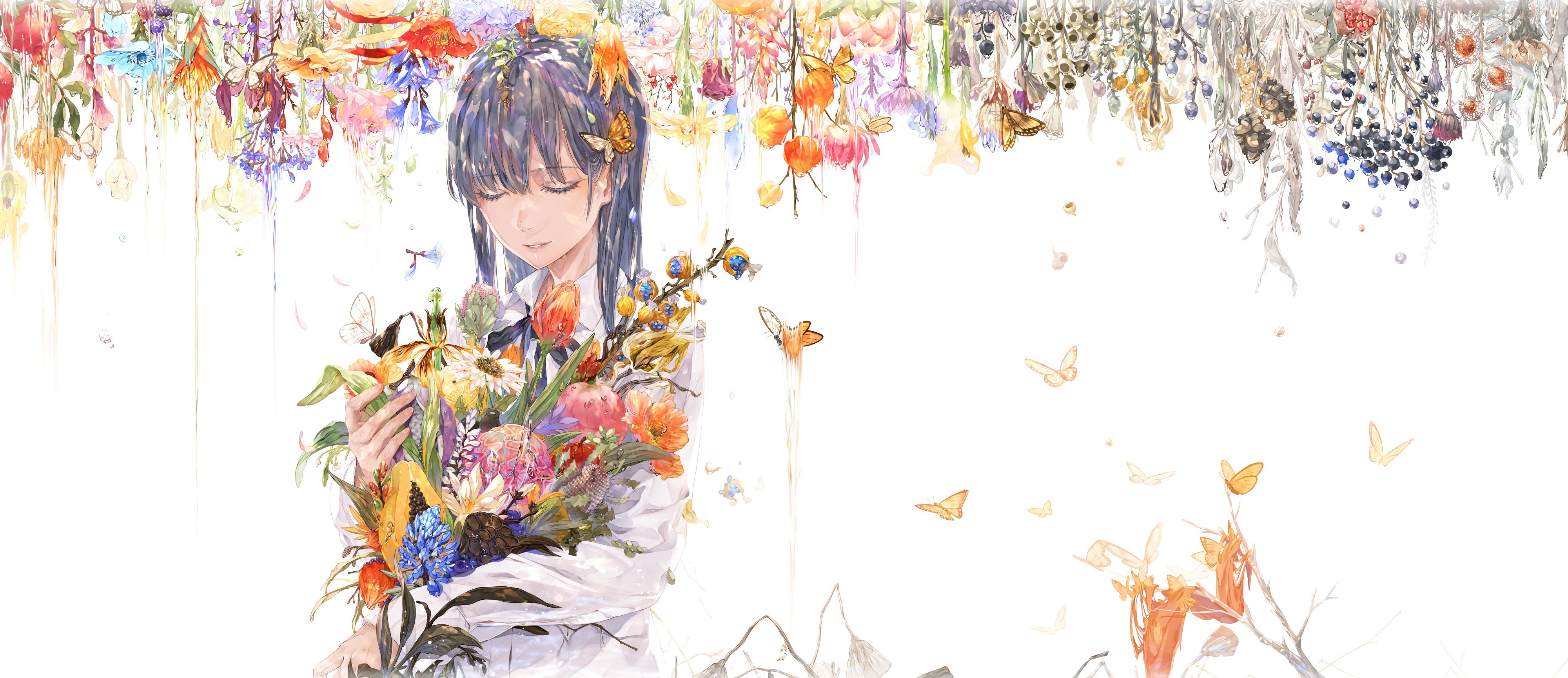 Laden Sie das Schmetterlinge, Mädchen, Blume, Blaue Haare, Animes-Bild kostenlos auf Ihren PC-Desktop herunter