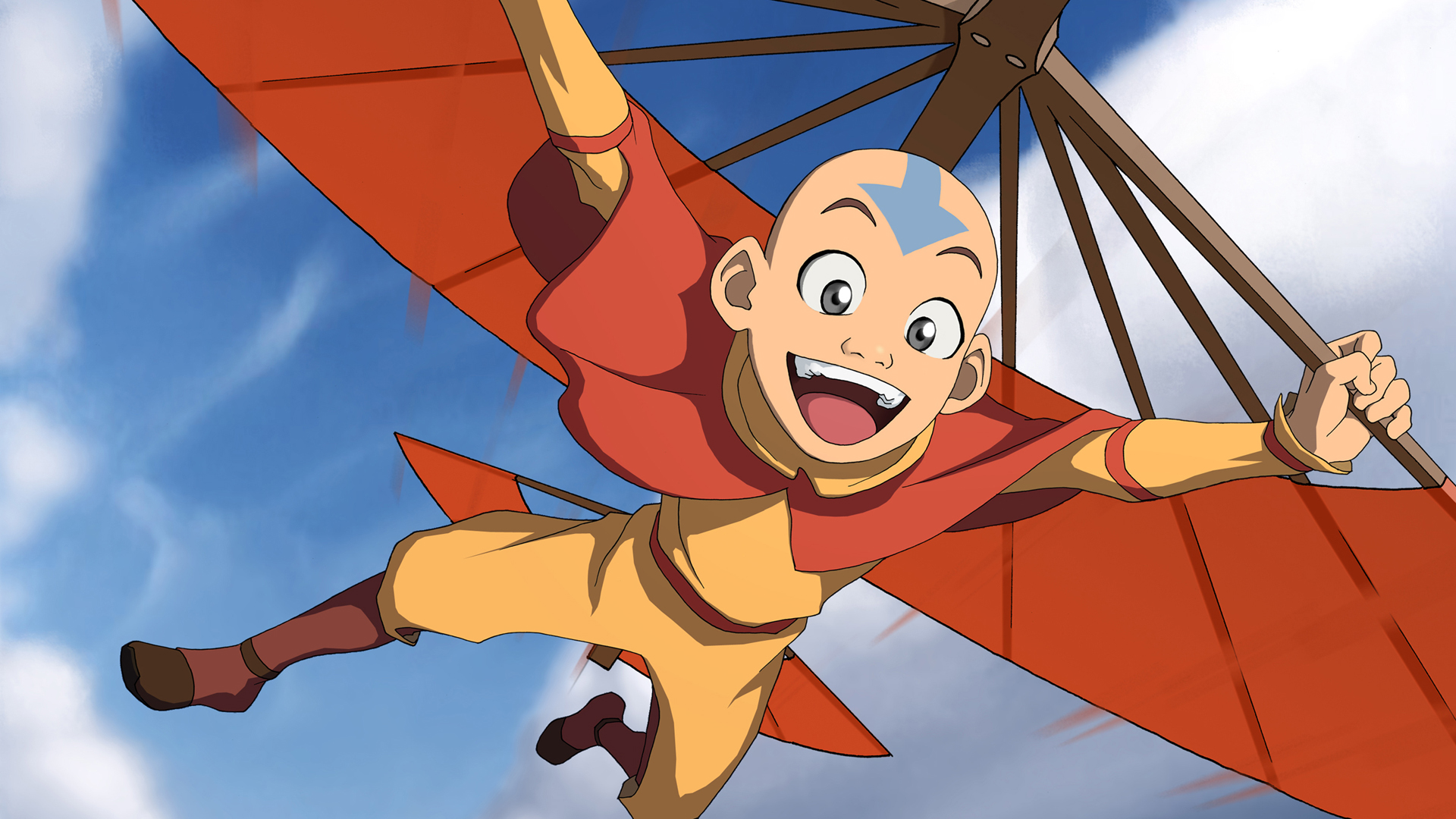 avatar: the last airbender, avatar (anime), anime, aang (avatar), bald, flying, grey eyes, smile