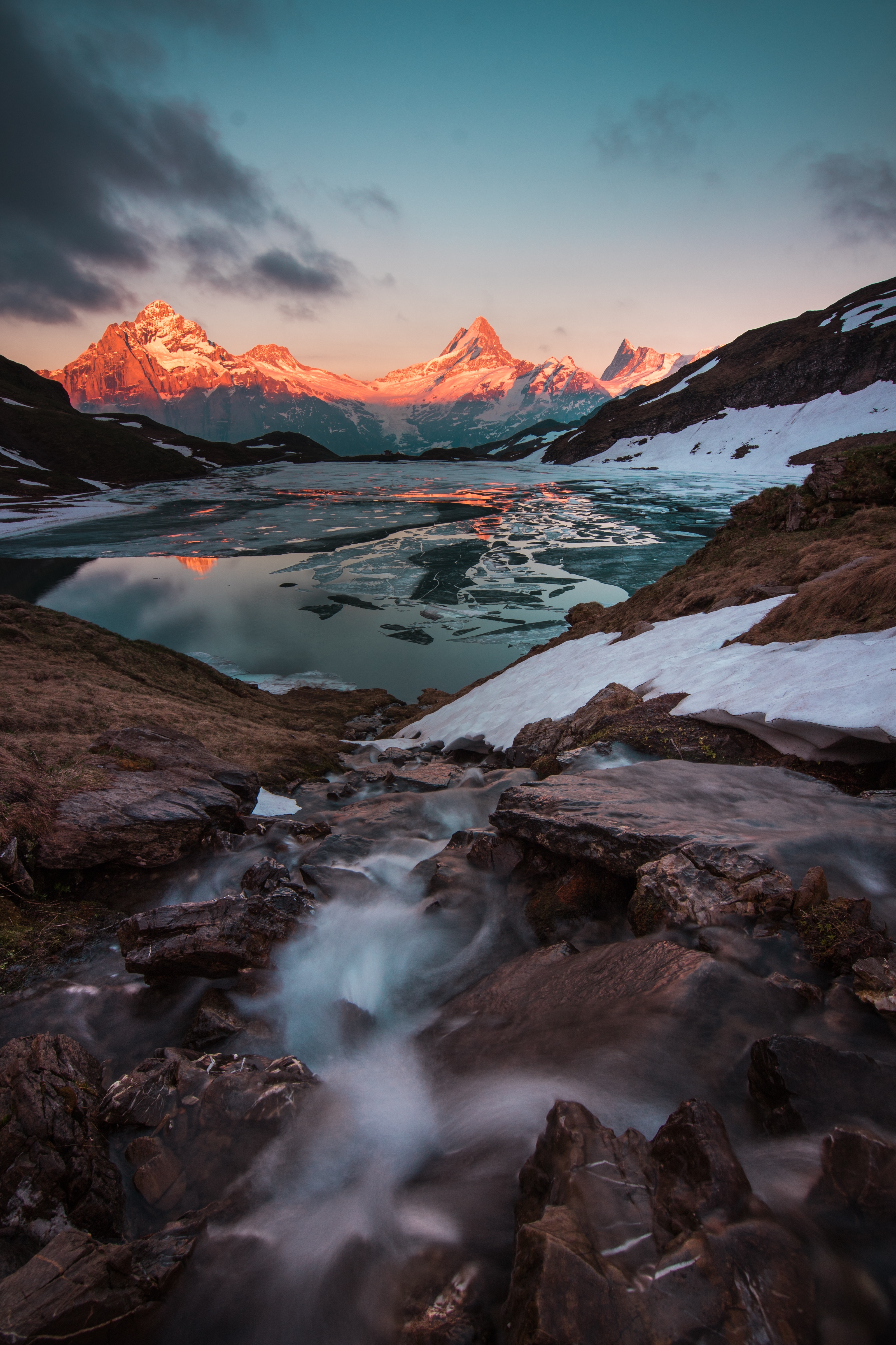 135316 скачать обои швейцария, ландшафт, горы, озеро, лед, природа, закат, вечер - заставки и картинки бесплатно